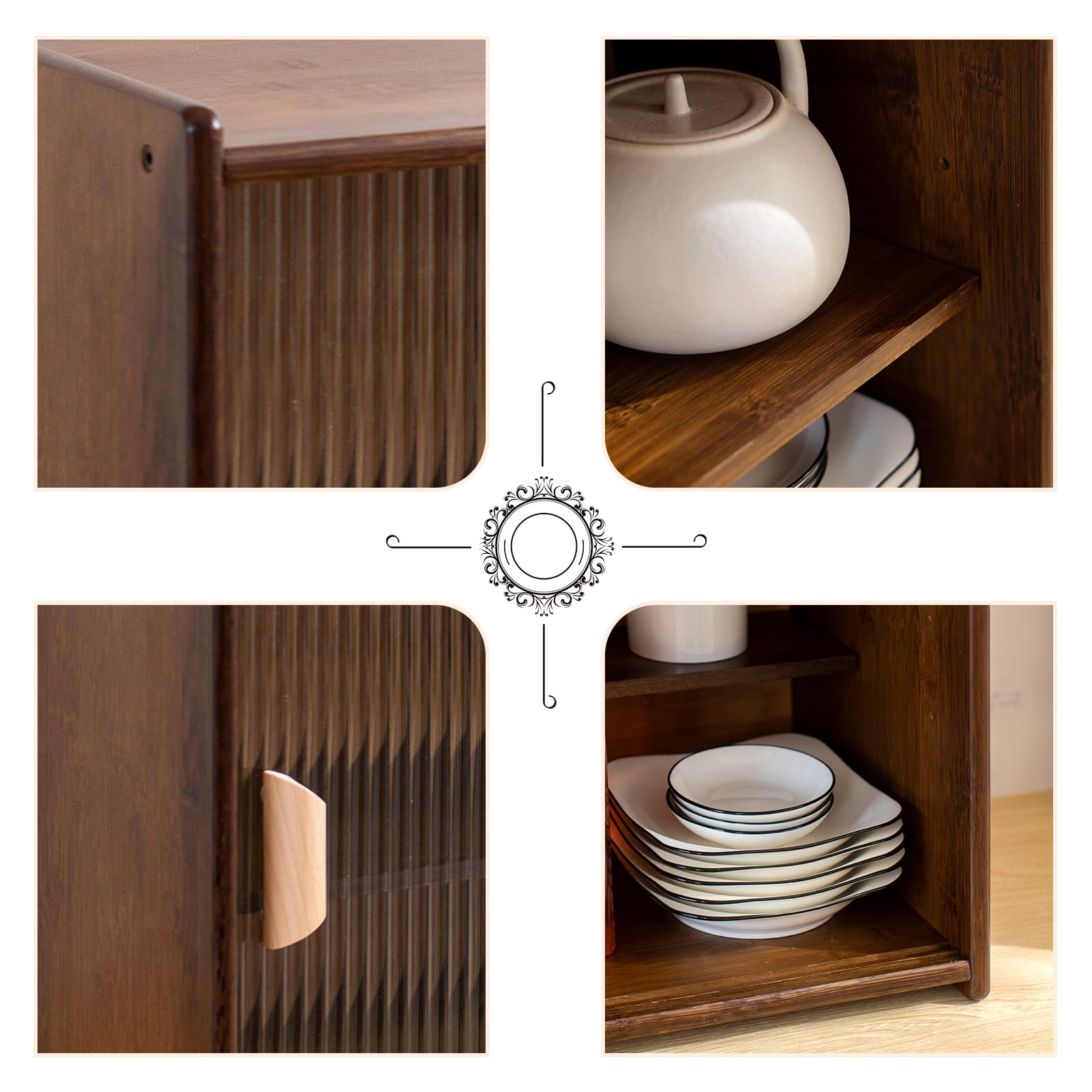 HollyHOME Small Bamboo Wall Mounted Kitchen Pantry Cabinet with 2 Doors - Coffee & Wine Bar Storage for Liquor, Glasses, Bottles & Dishes - Compact Sideboard for Dining Room, Living Room & Kitchen Organization (Walnut Finish)