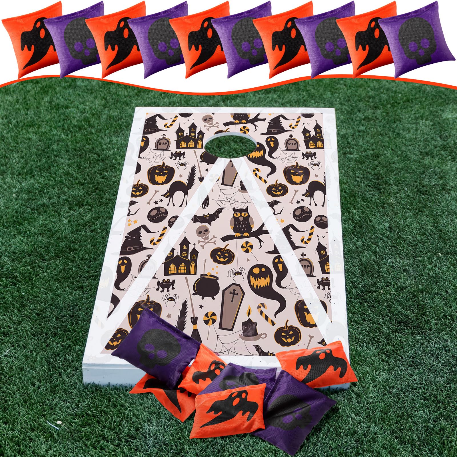 12 Pcs Halloween Thanksgiving Christmas Cornhole Game Bags - Pumpkin Skull Ghost Design Bean Bags for Tossing Games, Outdoor Party, Holiday Festivals & Family Gatherings