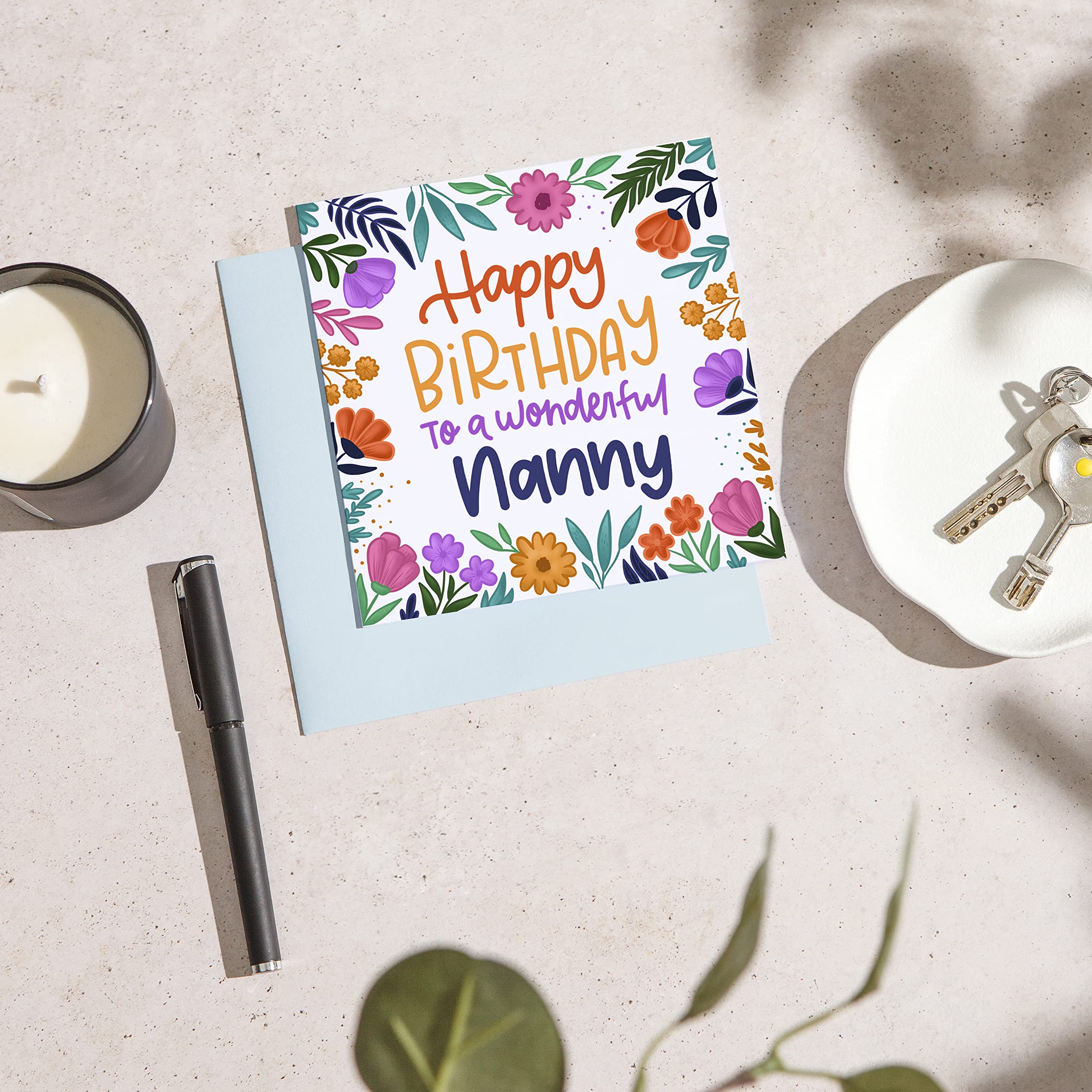 Floral Print Nanny Birthday Card - Elegant Grandma & Nana Birthday Greeting Card for Women - Luxurious Vivid Colors - 5.8 x 5.8 Inch (148 x 148mm) - Perfect Gift for Mother's Day, Grandparents Day & Special Occasions