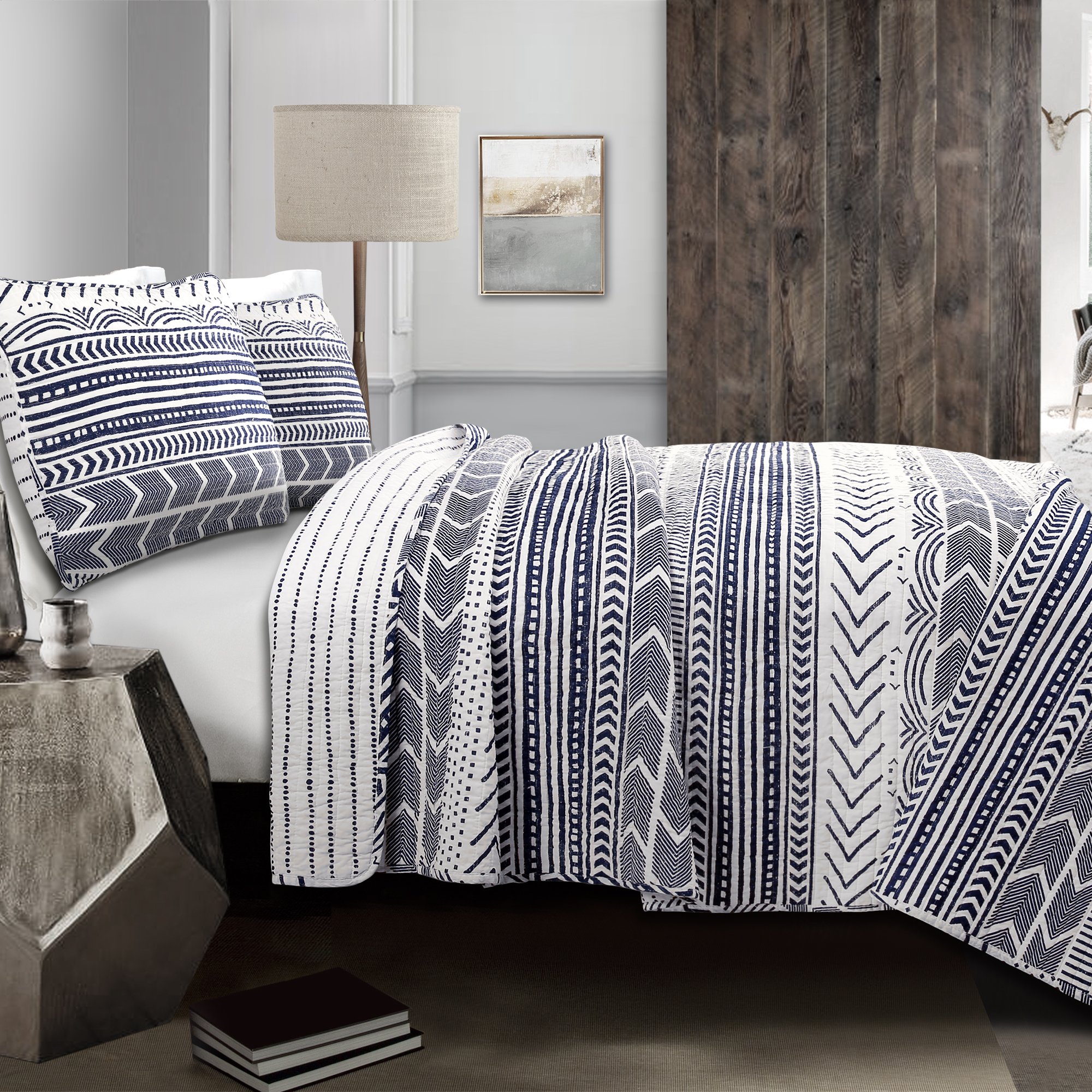 Lush Decor Hygge Geo Pattern Striped 3-Piece Quilt Bedding Set - King Size Navy & White Cotton Comforter Set - Cozy Bedroom Decor for Master Bedroom or Guest Room