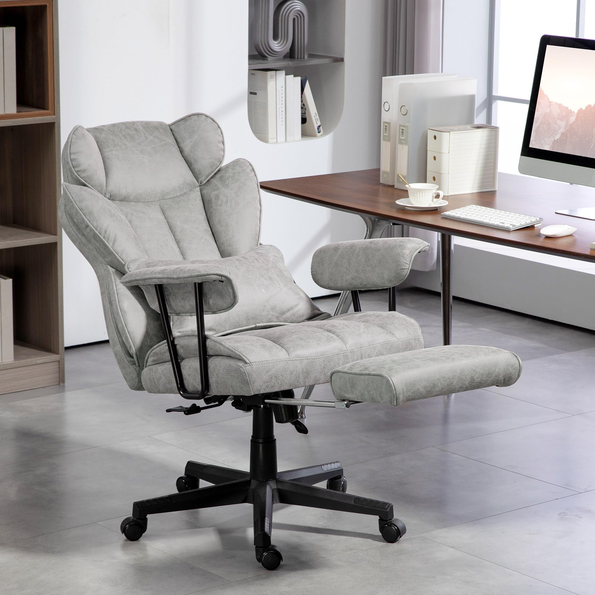 HOMCOM 400LBS Big and Tall Executive Office Chair with Footrest - Ergonomic Reclining Computer Desk Chair with Lumbar Support & Wide Seat - Gray Microfiber - Perfect for Home Office, Gaming & Workspaces