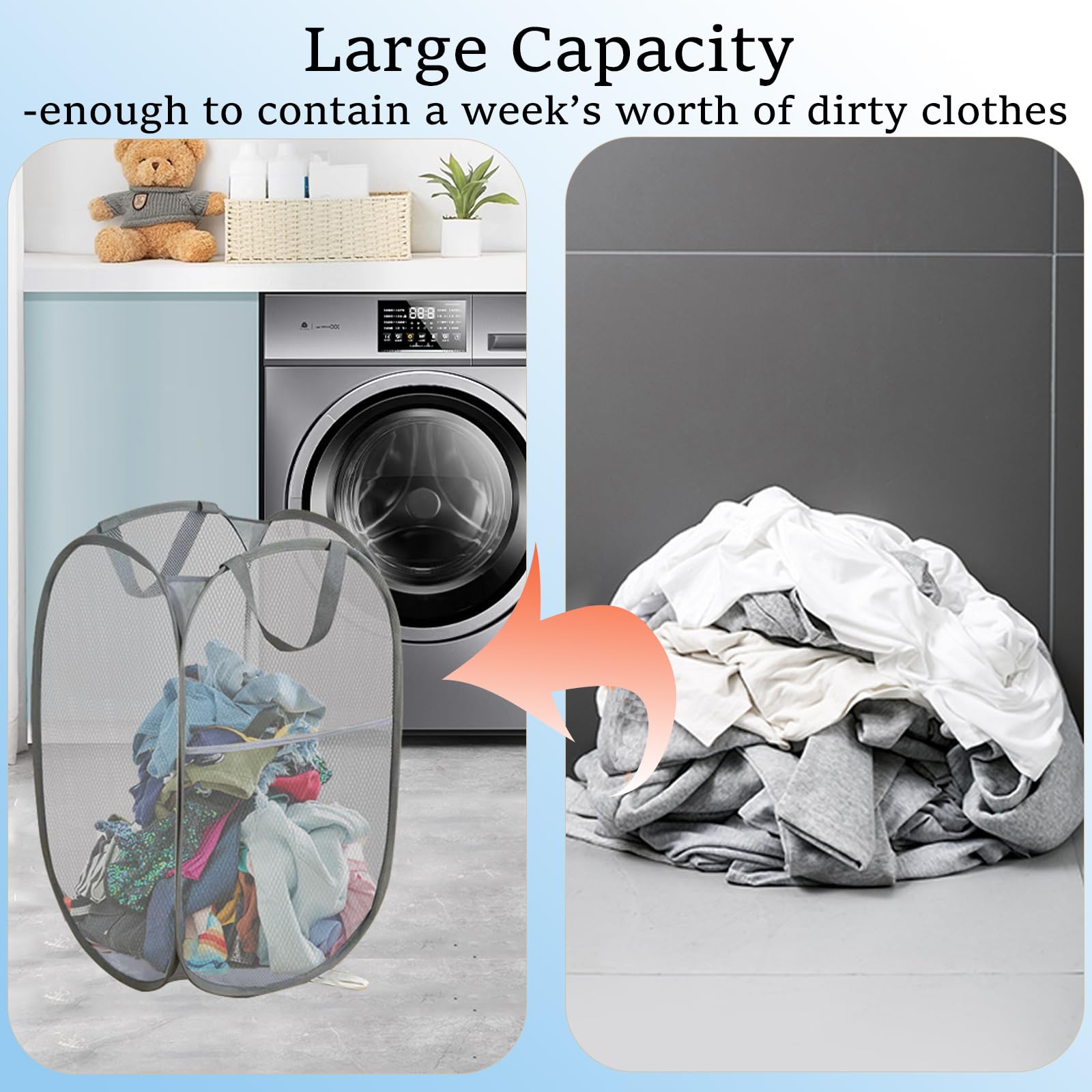2 Pack Foldable Laundry Hamper - Collapsible Mesh Baskets for Bedroom, Dorm & Travel