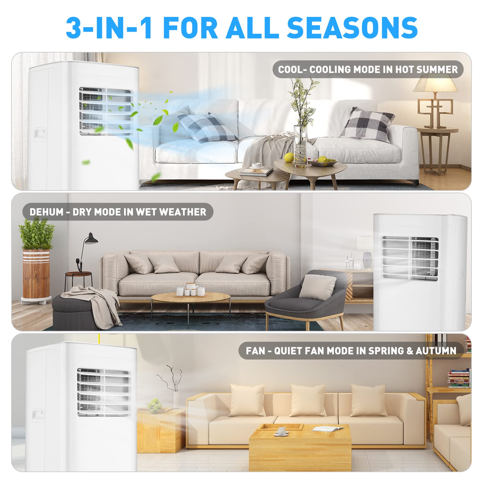 8,000 BTU Portable Air Conditioner - 3-in-1 AC Unit with Cooling, Dehumidifier & Fan Modes - Cools Rooms Up to 200 Sq Ft - Includes Remote Control & 24-Hour Timer - Ideal for Bedrooms, Home Offices, Dorm Rooms and Small Spaces
