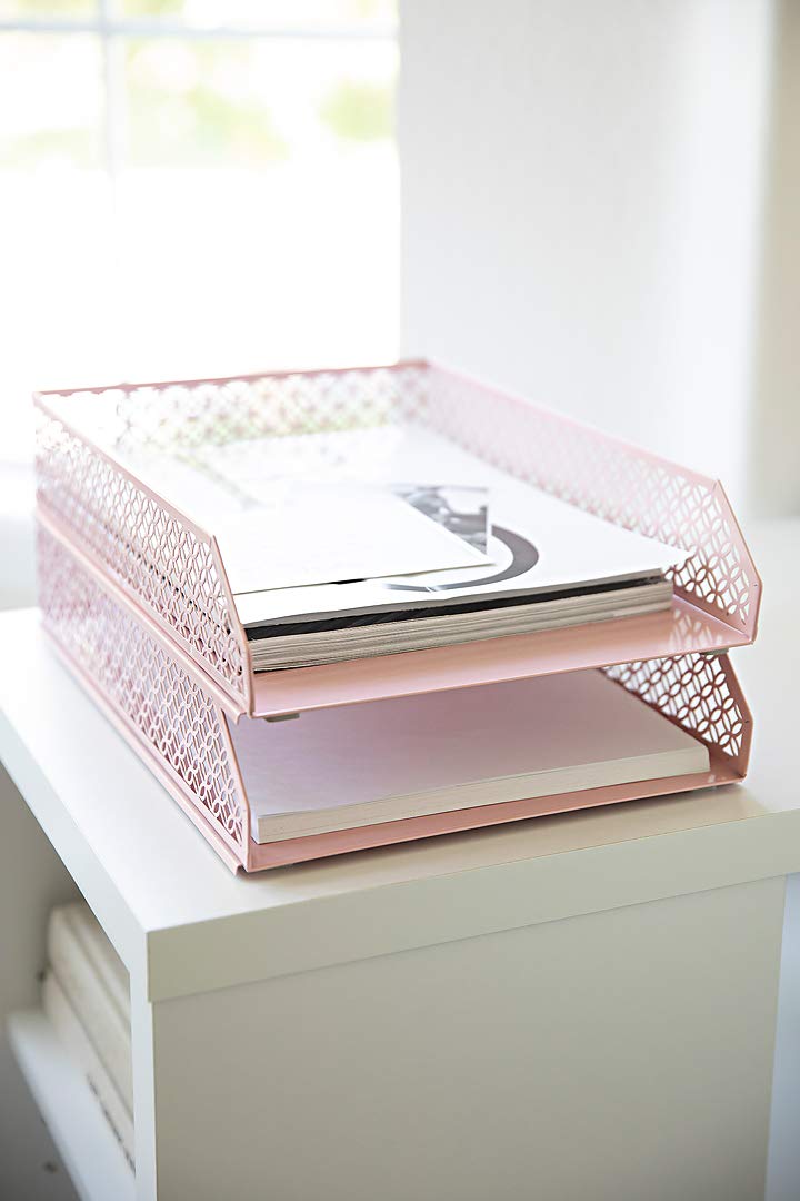 Blu Monaco Pink Metal Stackable Desk Organizer - 2-Tier Paper Tray Set for Office, Home & School - Perfect for Letters, Files & Stationery Storage (Set of 2)
