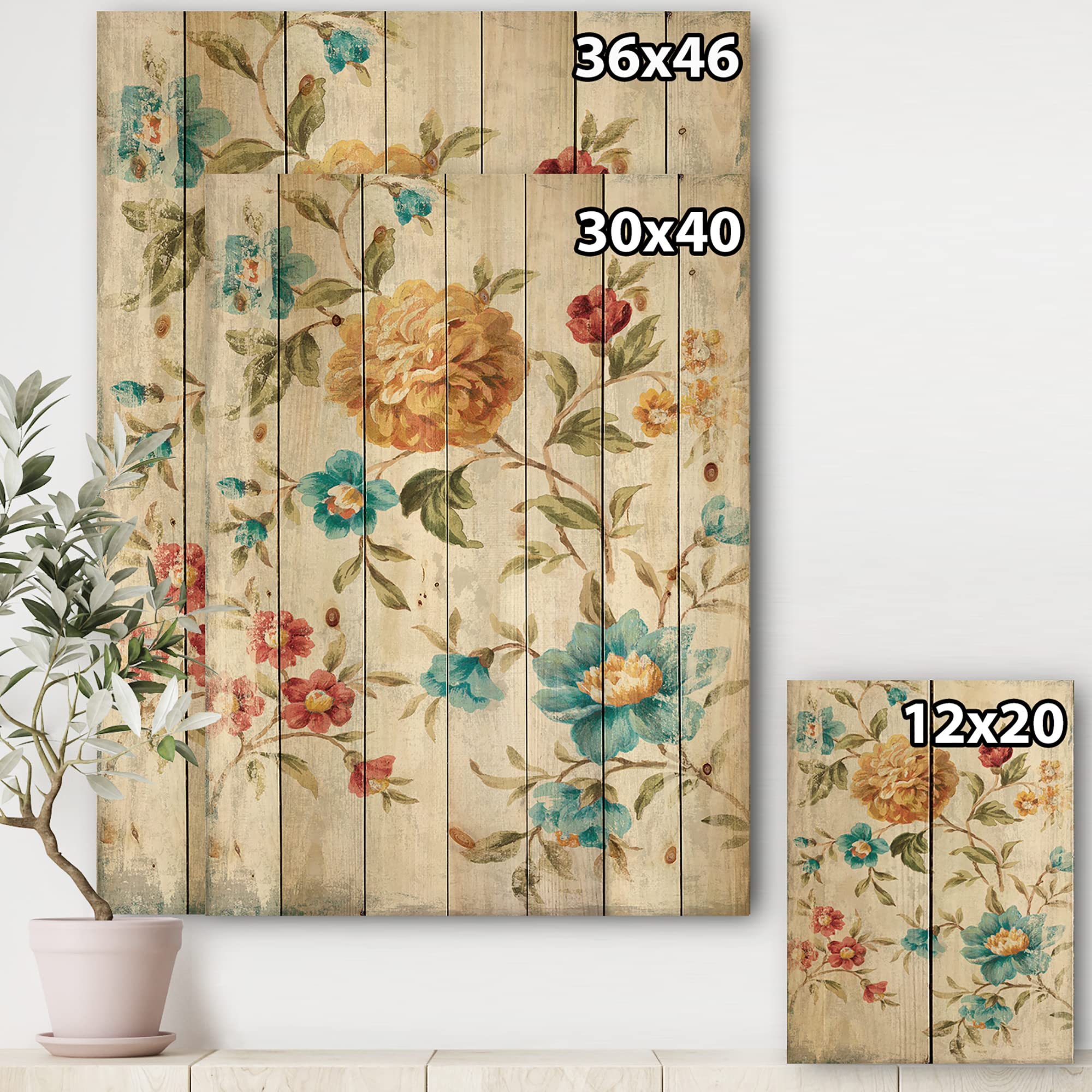 DesignQ Golden Flowers Wood Wall Decor - Blue Floral Pine Wood Art Panels for Cabin & Lodge - Large Rustic Wall Art for Living Room, Bedroom & Home Decor