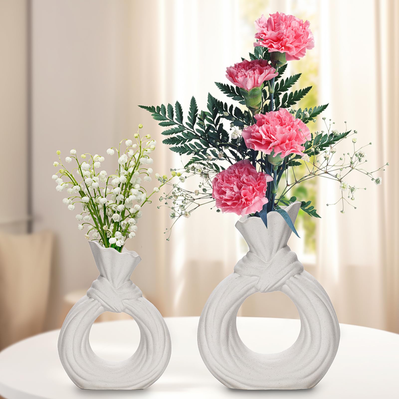 White Ceramic Vases Set of 2 - Modern Nordic Boho Style Hollow Donut Vases for Home Decor | Minimalist Flower Vases for Living Room, Bedroom & Office | Perfect Wedding, Housewarming Gift