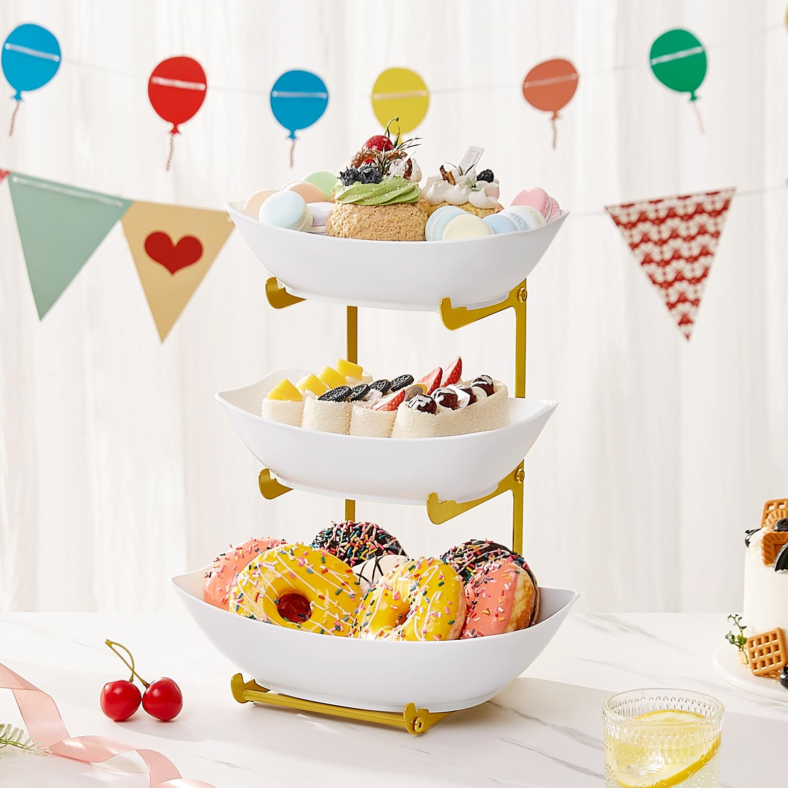 3-Tier Plastic Fruit Bowl Basket with Gold Metal Stand - Kitchen Countertop Organizer for Fruits, Vegetables, Cakes & Desserts | Perfect for Party Serving, Dining Room Decor & Gift Giving
