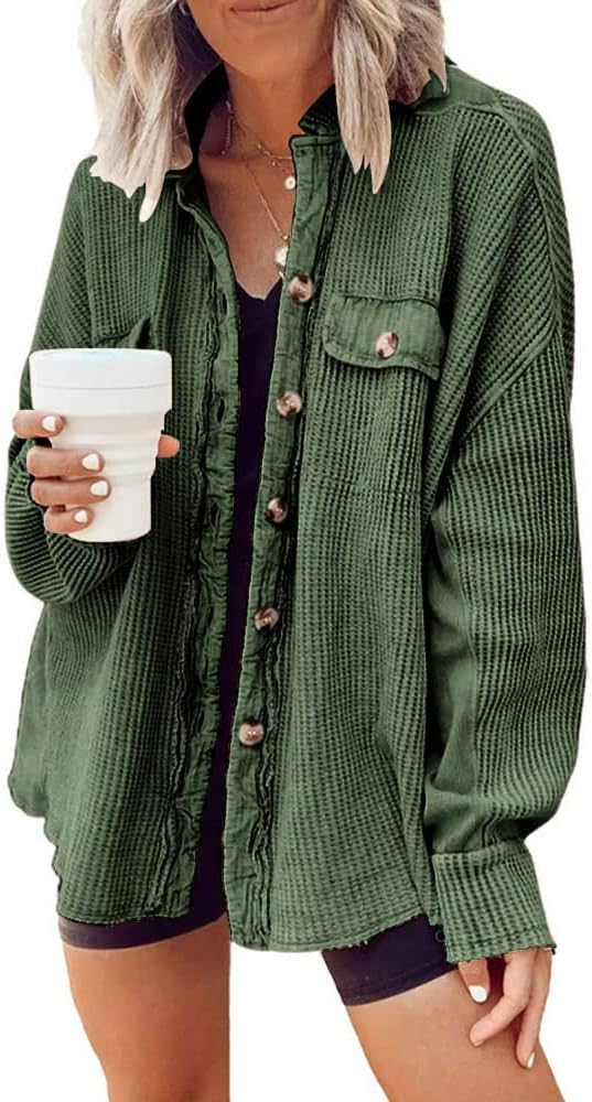 UTCoco Women's Casual Waffle Knit Shacket Jacket - Loose Fit Long Sleeve Button Down Shirt Top for Fall & Winter | Cozy Layering Piece for Work, Travel and Weekend Outfits