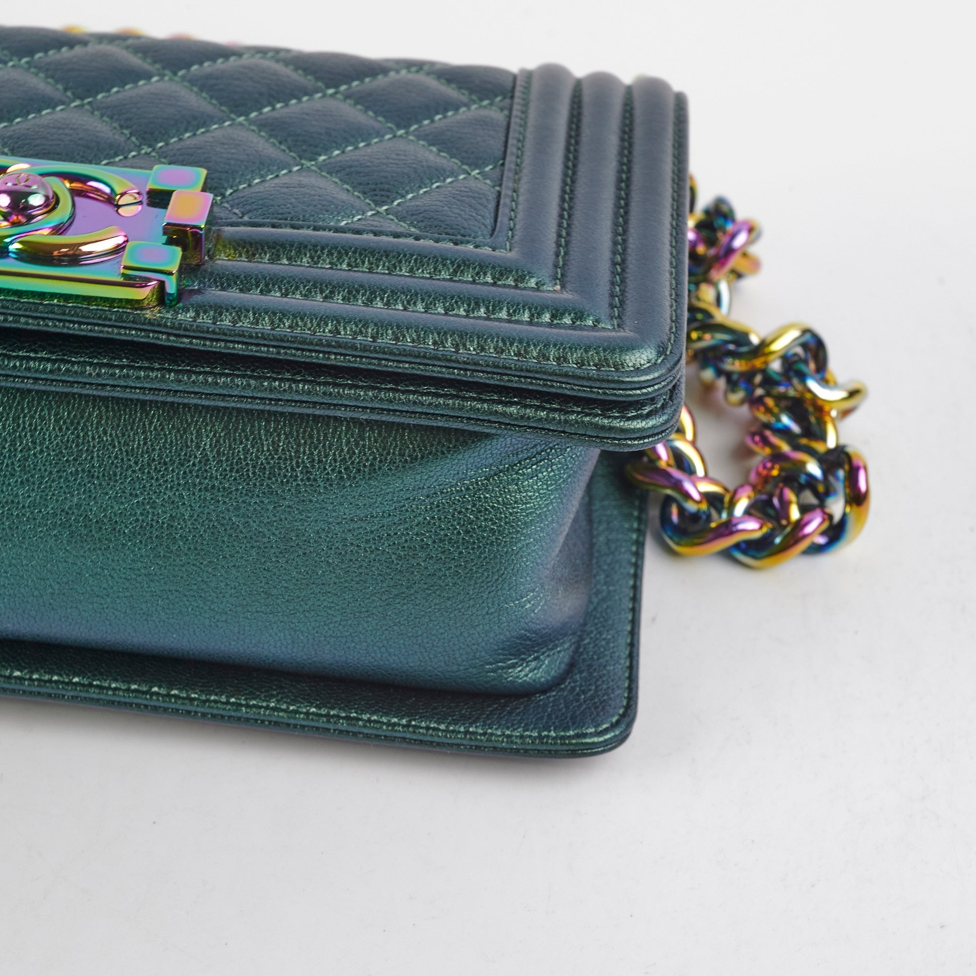Chanel Small Iridescent Green Goatskin Boy Bag - Luxury Crossbody Purse for Women | Perfect for Evening Parties, Date Nights & Special Occasions