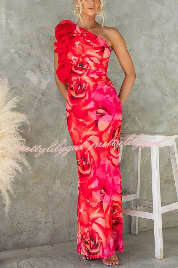 Floral Print Sleeveless 3D Flower One Shoulder Slim Maxi Dress for Women - Elegant Summer Beach Party, Wedding Guest & Cocktail Evening Gown