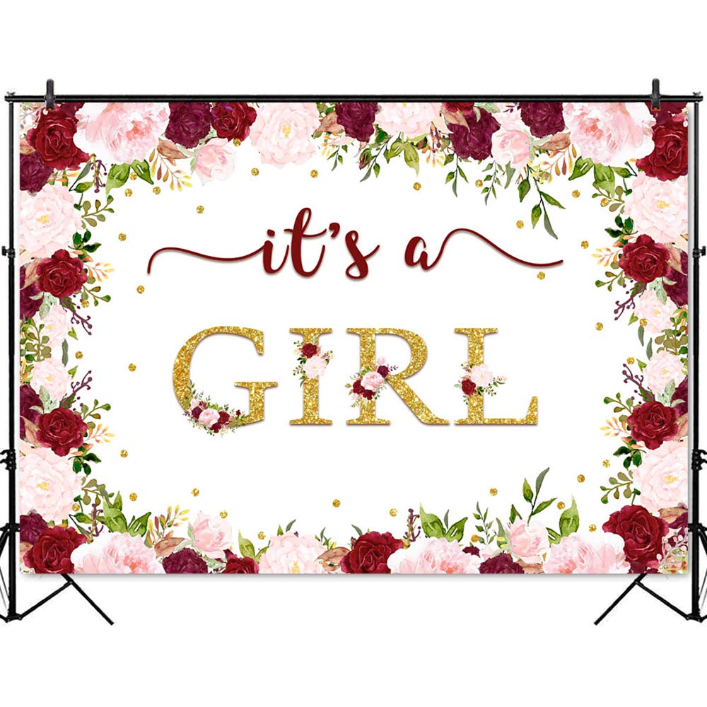 Burgundy Floral Baby Shower Backdrop - 7x5ft Marsala Pink It's A Girl Photo Booth Background for Baby Shower Decorations, Gender Reveal Party, Newborn Photography & Nursery Wall Decor