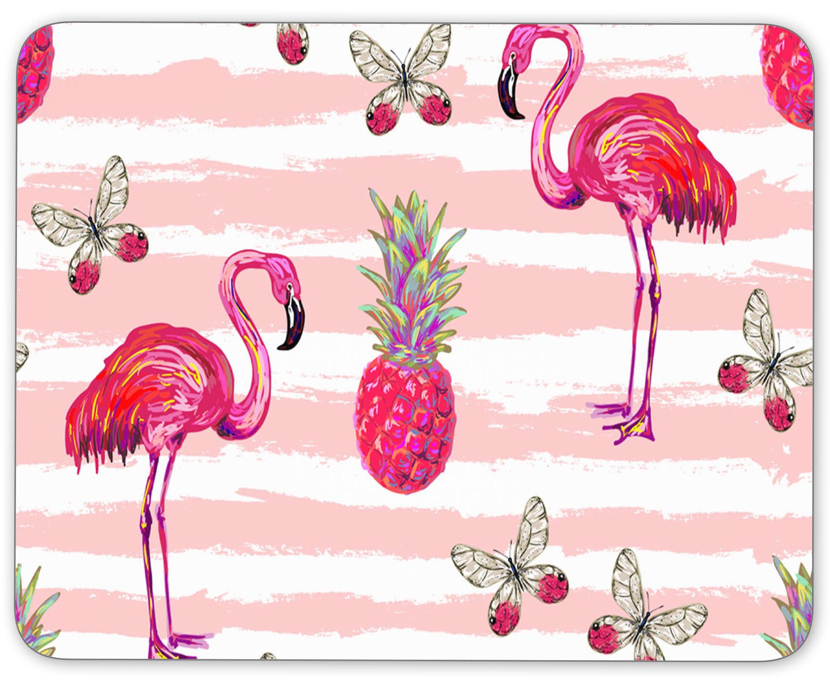 Non-Slip Rubber Mouse Pad with Watercolor Flamingos, Pineapple & Butterflies Design - 9.5