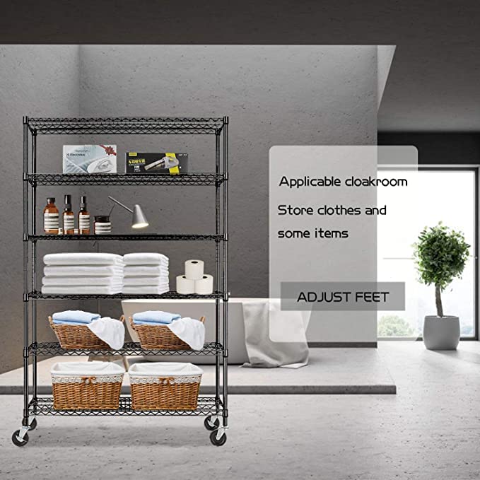 HCB 6-Tier Heavy Duty Wire Shelving Unit 76x48x18 Inches - Adjustable Metal Steel Storage Rack with Wheels for Restaurant, Garage, Pantry & Kitchen Organization (Black) - Perfect for Commercial Kitchens, Warehouse Storage & Home Organization