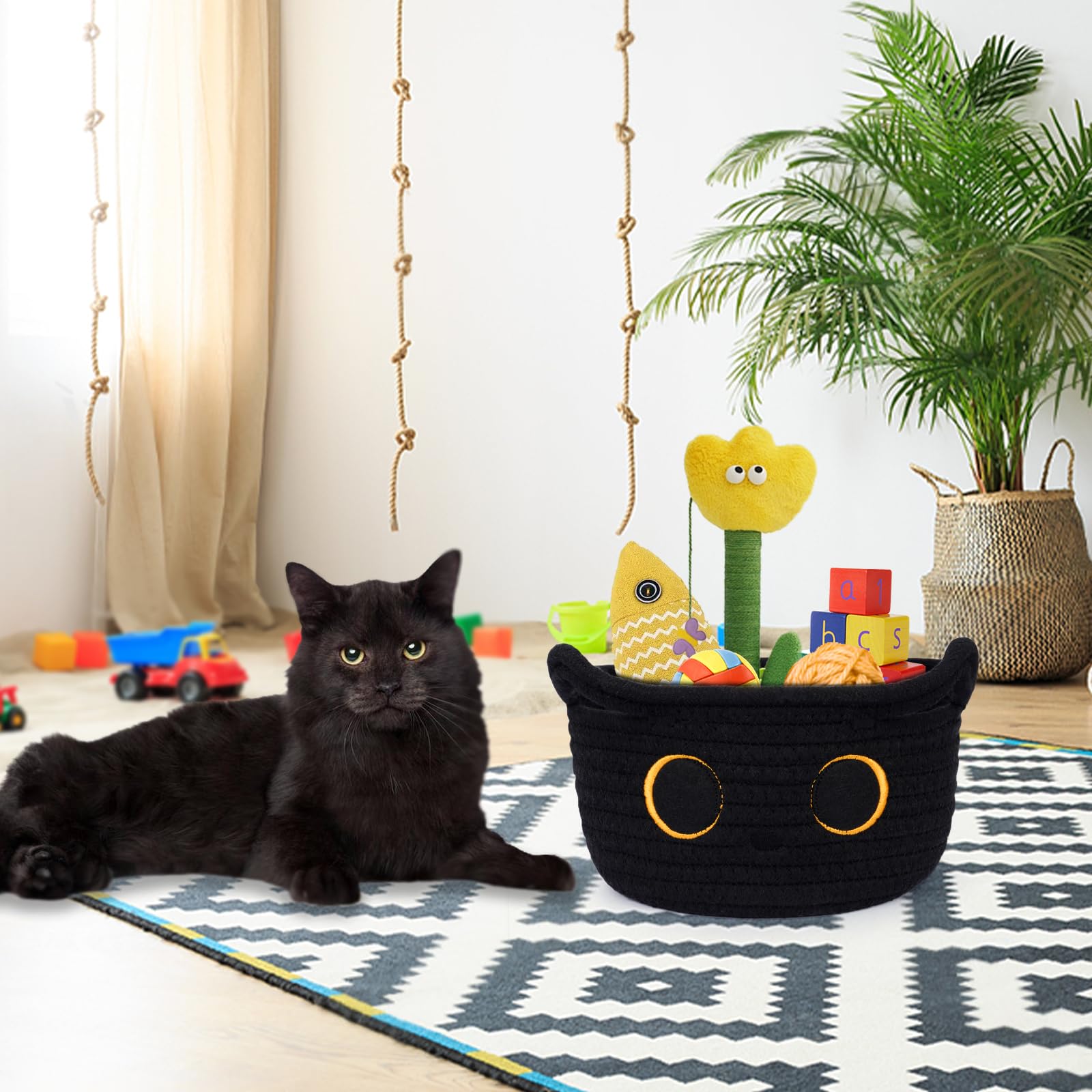 Black Cat Cotton Rope Storage Basket - 8.5×4.5 Inch Woven Nursery Organizer for Baby Blankets, Toys & Gifts | Perfect for Pet Lovers, Nursery Decor & Home Organization
