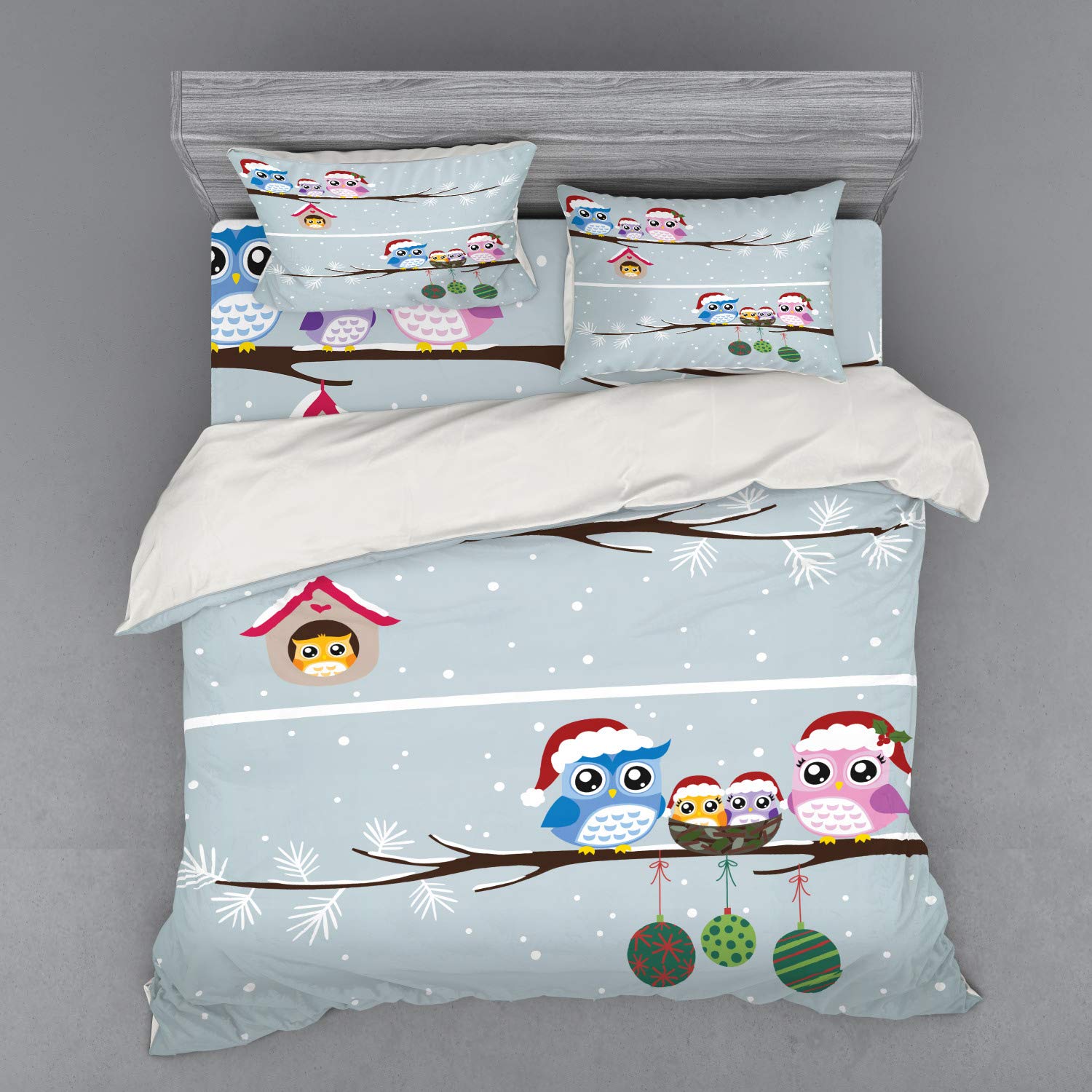 Ambesonne Christmas Owl Family Bedding Set - 4 Piece King Size Duvet Cover with Shams & Fitted Sheet, Santa Hat Owls on Tree Branch Winter Print, Grey - Perfect for Holiday Guest Rooms & Cozy Winter Bedrooms