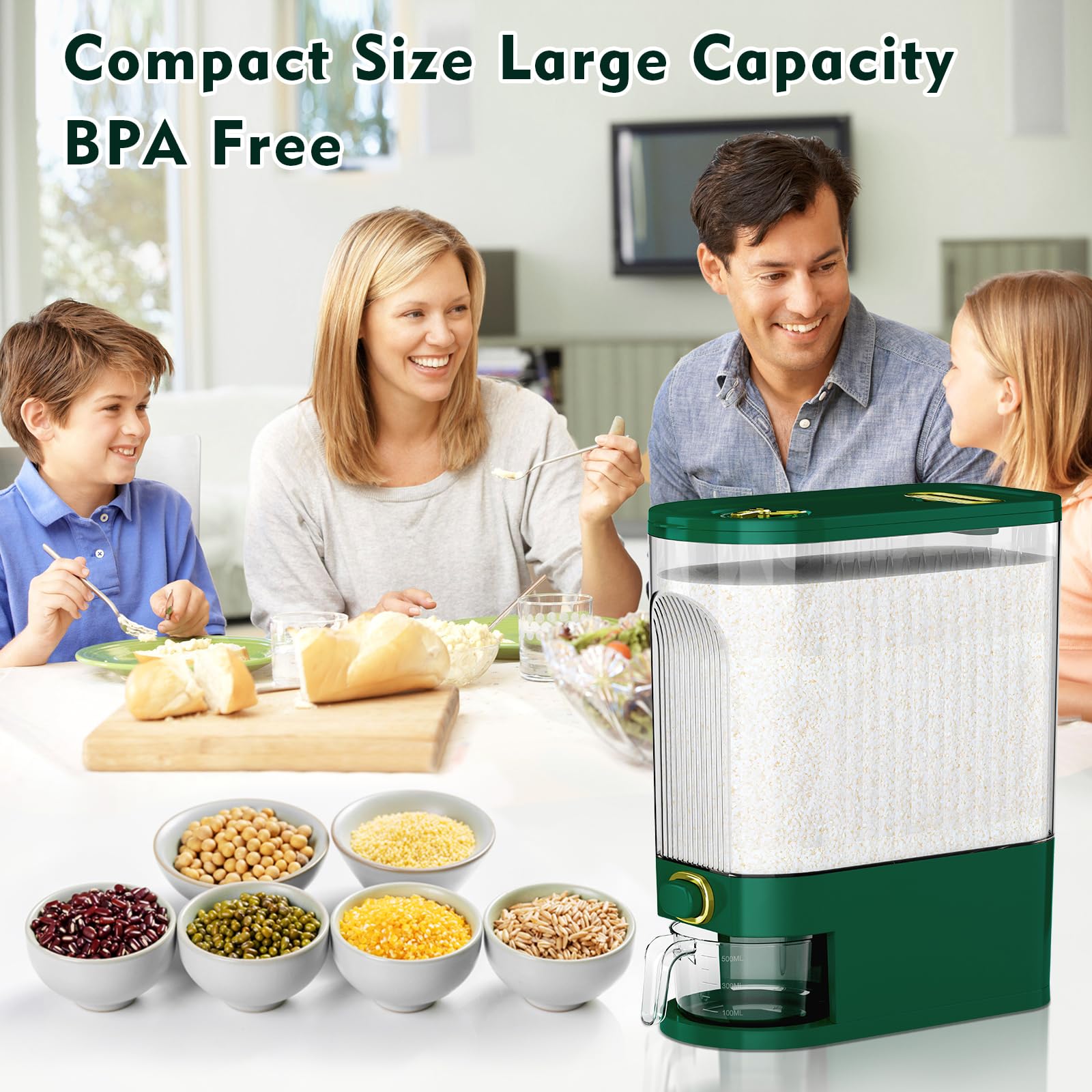 22 Lbs Rice Dispenser - Large Airtight Dry Food Storage Container with Measuring Cup & Time Scale - Perfect for Kitchen Organization, Pantry Storage of Cereal, Grains, Pasta, Pet Food - Ideal for Home, Restaurant & Bulk Food Storage (Green)