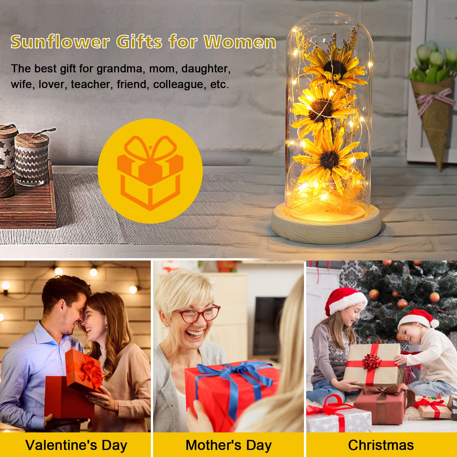 Sunflower Gifts for Women - LED Artificial Sunflowers in Glass Dome, Birthday & Holiday Gift for Mom, Grandma - Mother's Day, Christmas, Valentine's Day Home Decor (Yellow) - Perfect for Living Room, Bedroom, Office Desk & Wedding Centerpieces