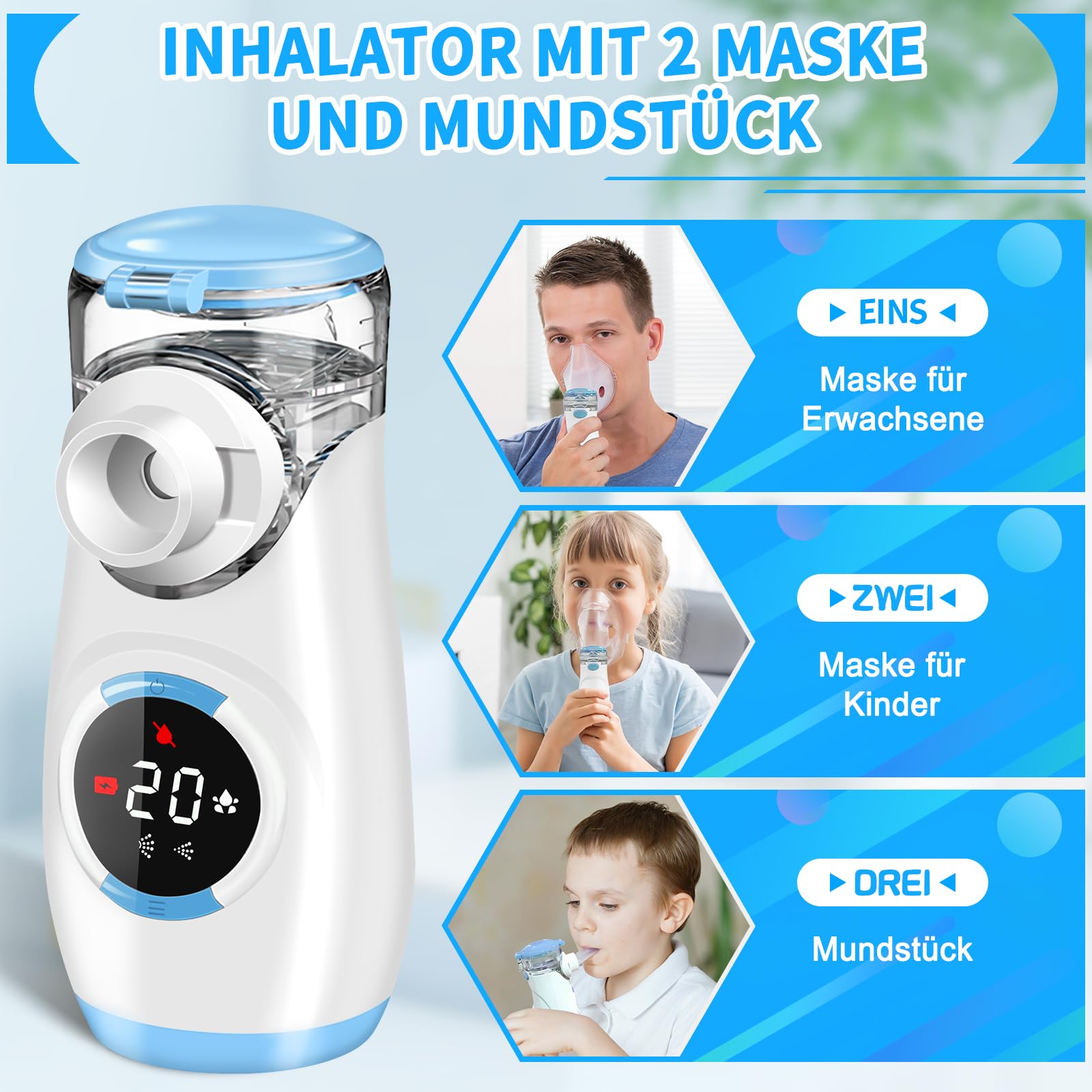 Portable Digital Nebulizer for Kids & Adults - Quiet Inhaler with 2 Masks | Home & Travel Use