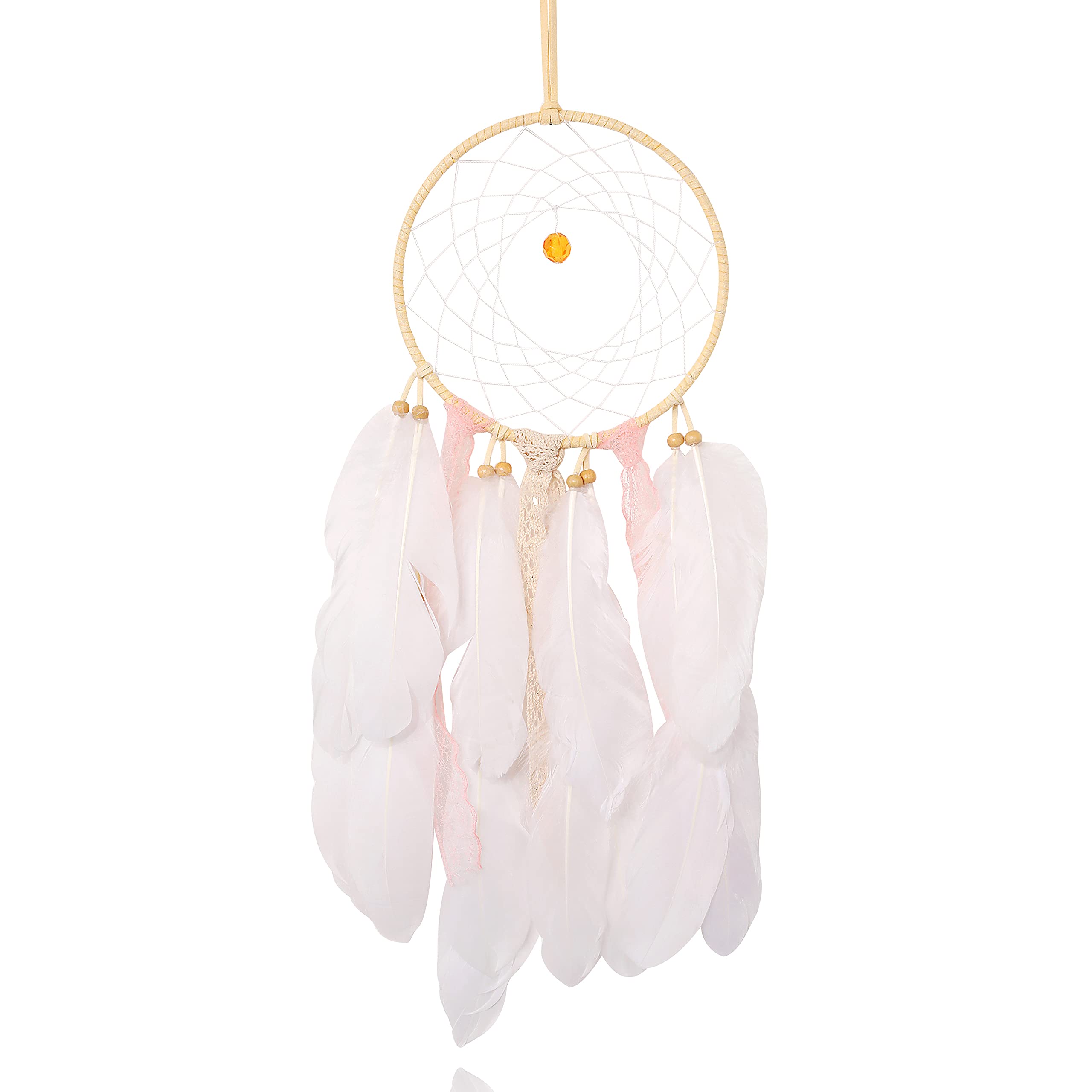 Handmade Traditional White Feather Dream Catcher - Circular Net Wall Hanging Ornament for Home, Bedroom, Baby Room Decor - Perfect Gift for Women & Girls - Boho Chic Nursery, Bedside, Window & Doorway Decoration