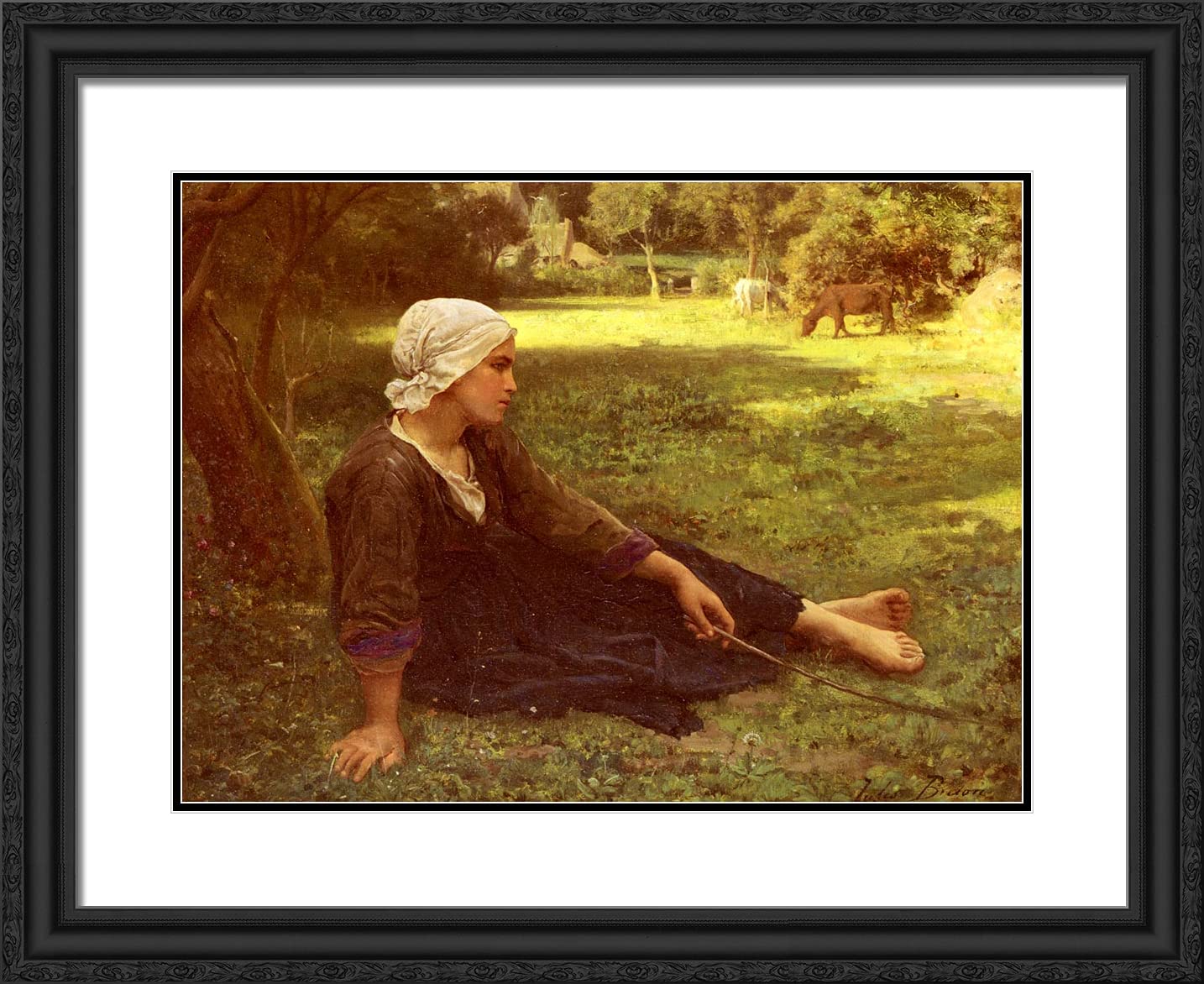 Jules Breton 'Girl Guarding the Cows' 24x20 Framed Art Print - Black Ornate Double Mat Gallery Wall Decor - Perfect for Living Room, Bedroom & Office Art Display