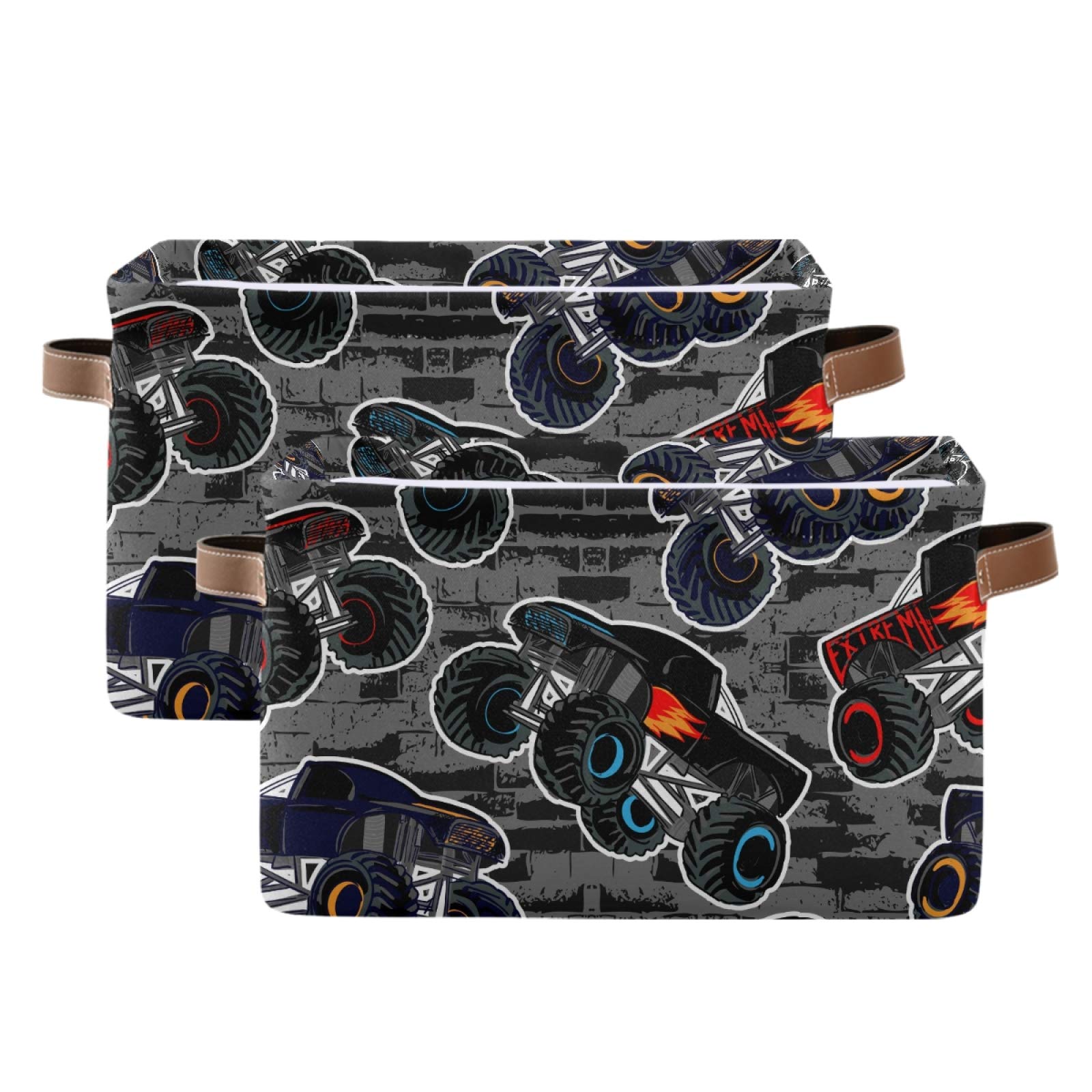 Susiyo Large Foldable Storage Bin - Monster Truck Car Fabric Collapsible Baskets (2-Pack) with PU Handles for Home Organization | Perfect for Shelves, Closet, Bedroom & Living Room Storage | Great for Kids' Toys, Blankets & Household Items