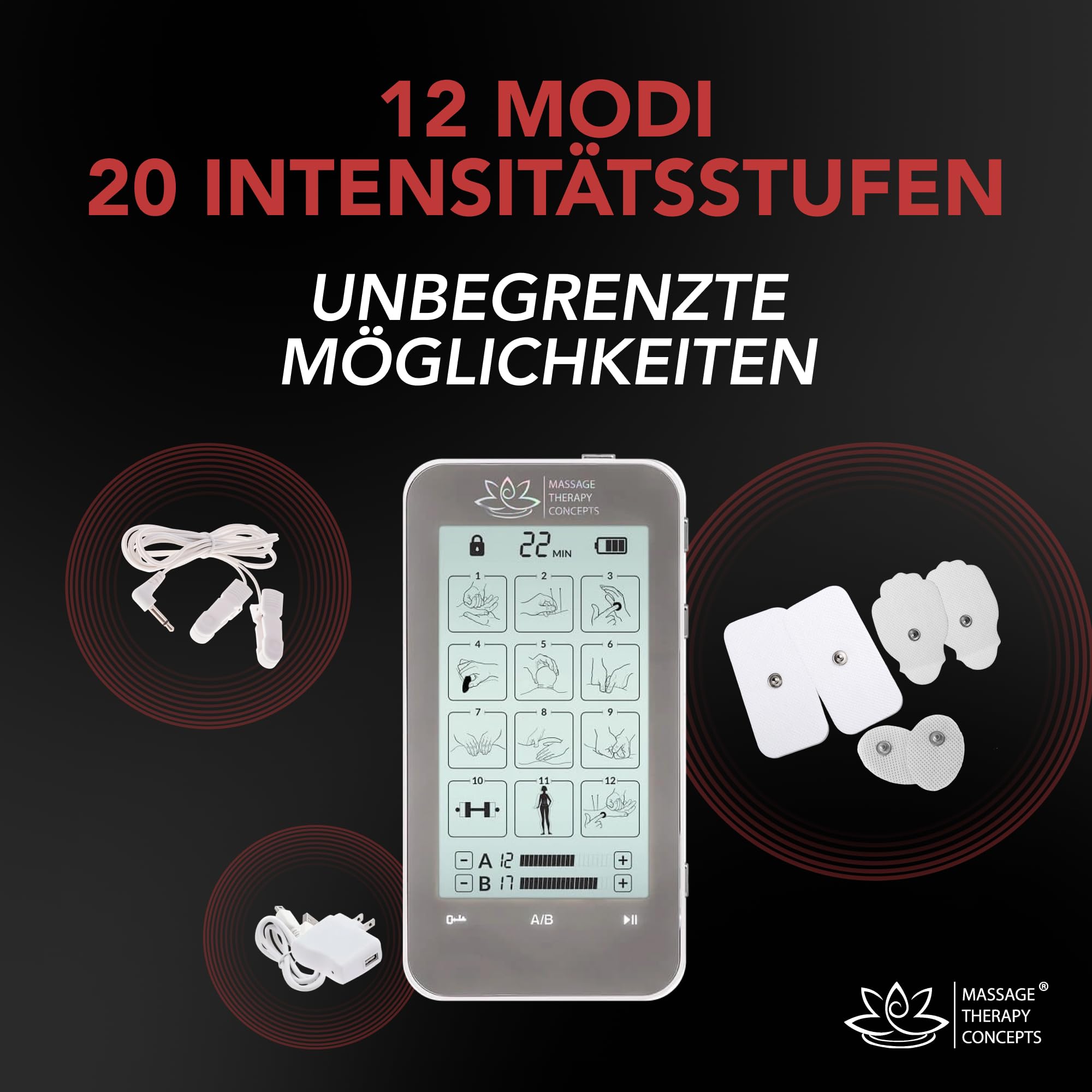 Premium TENS Unit Muscle Stimulator with 12 Modes & 20 Intensity Levels - Non-Invasive EMS Machine for Neck, Back Pain & Sciatica Relief - Includes Accessories for Electrotherapy - Perfect for Home Use, Physical Therapy & Post-Workout Recovery
