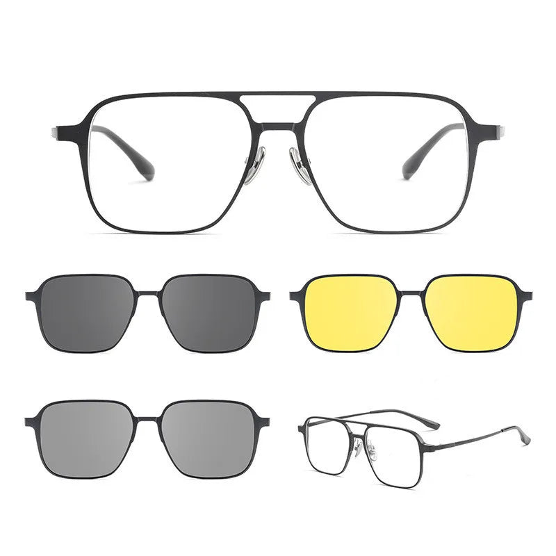 Men's Titanium Full Rim Square Double Bridge Eyeglasses with Clip-On Sunglasses - Stylish & Durable for Work, Driving, and Outdoor Activities (Model 99084)
