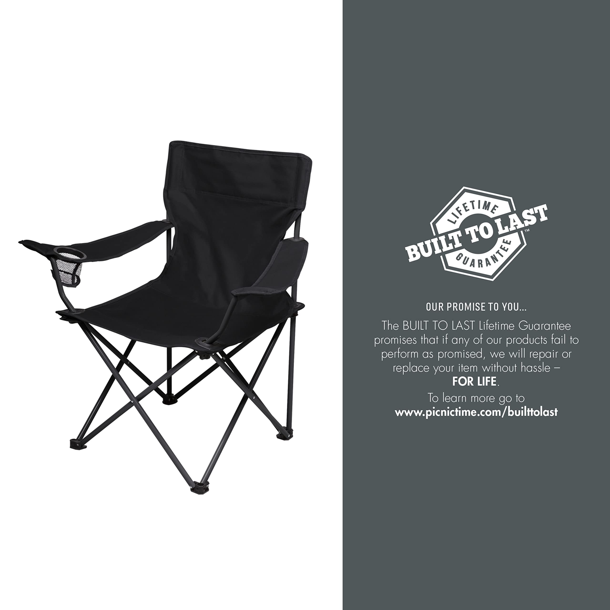 PICNIC TIME NHL PTZ Portable Folding Camp Chair - Lightweight Outdoor Picnic, Beach, Lawn, Tailgating Chair with Carry Bag (Black) - Perfect for Camping, Backyard, Sports Events & Travel
