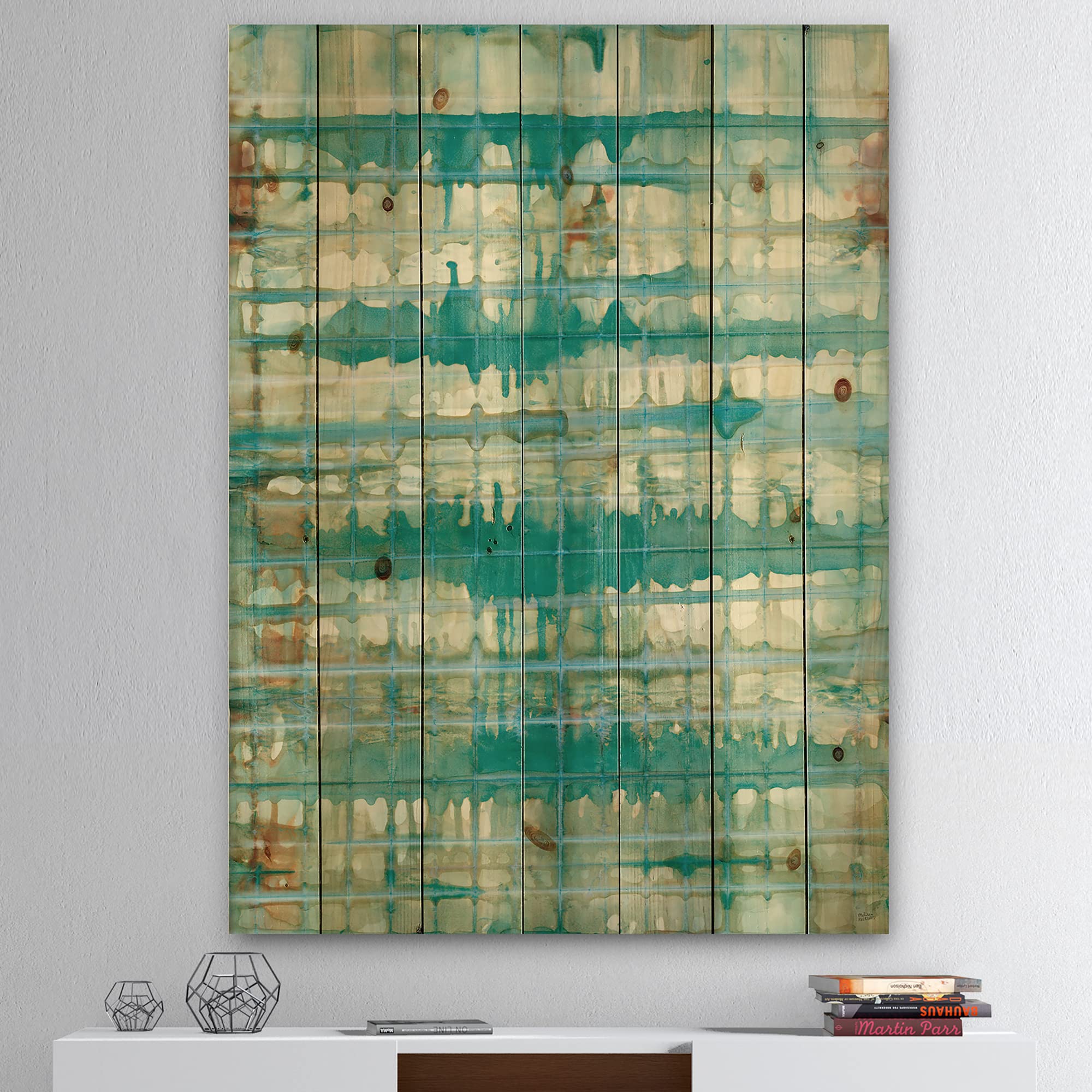 Mid-Century Modern Blue Wood Wall Art - Abstract Geometric Pine Decor for Living Room