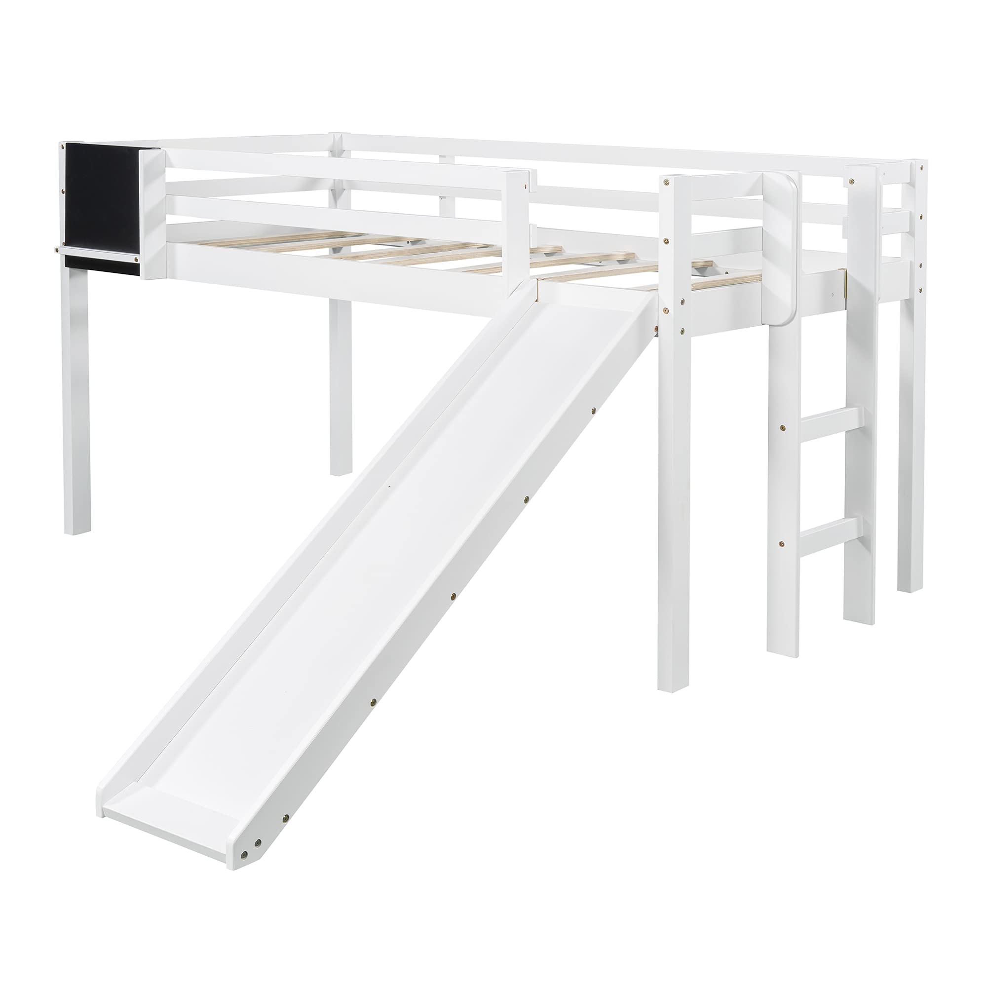 **White Twin Size Loft Bed with Slide, Stairs & Chalkboard - Kids Play & Study Space for Small Rooms, Dorm, or Bedroom**