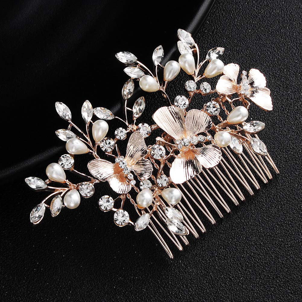 Kercisbeauty Rose Gold Bridal Hair Comb - Light Champagne Wedding Headpiece for Bride & Bridesmaids | Elegant Hair Accessories for Weddings, Prom, Parties & Special Occasions