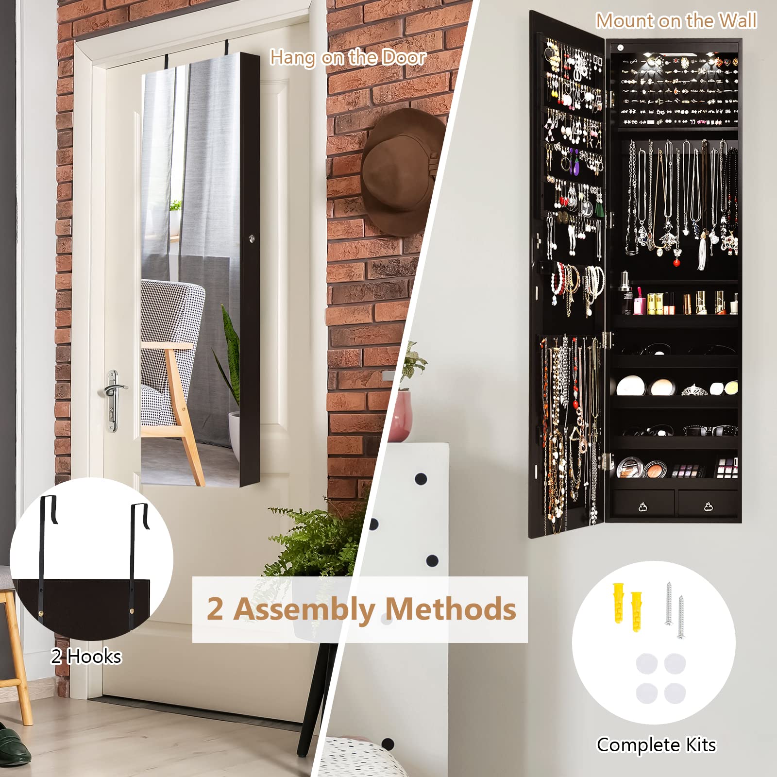 COSTWAY Hanging Jewelry Organizer with Full-Length Mirror & LED Lights - Wall Mount Jewelry Cabinet with Lock, Large Storage for Necklaces, Rings, Earrings - Perfect for Bedroom, Closet & Dressing Room (Brown)