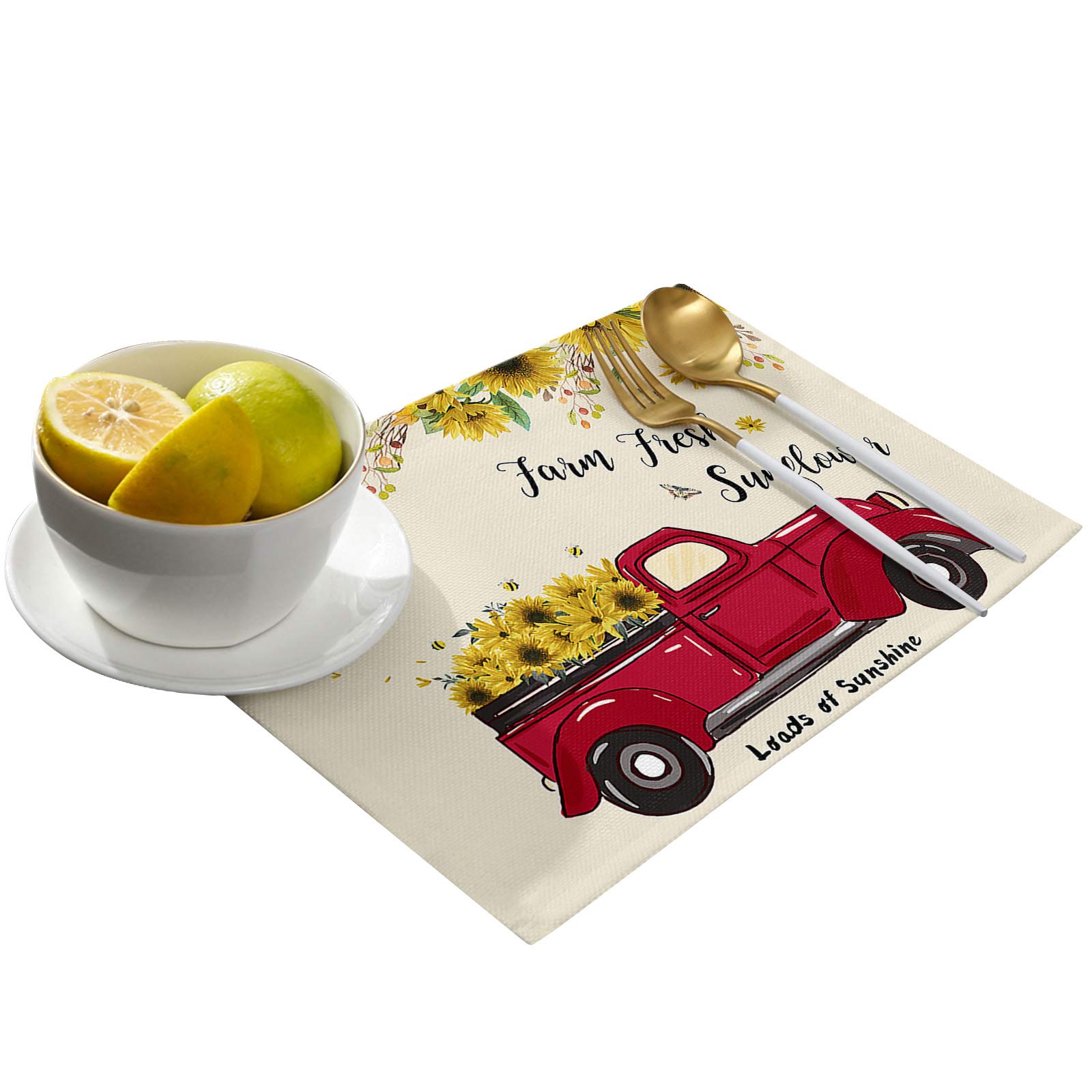 Harvest Farm Red Truck Full of Blooming Sunflowers Placemats - Set of 4 Washable Stain Resistant Cotton Linen Woven Dining Table Mats (12