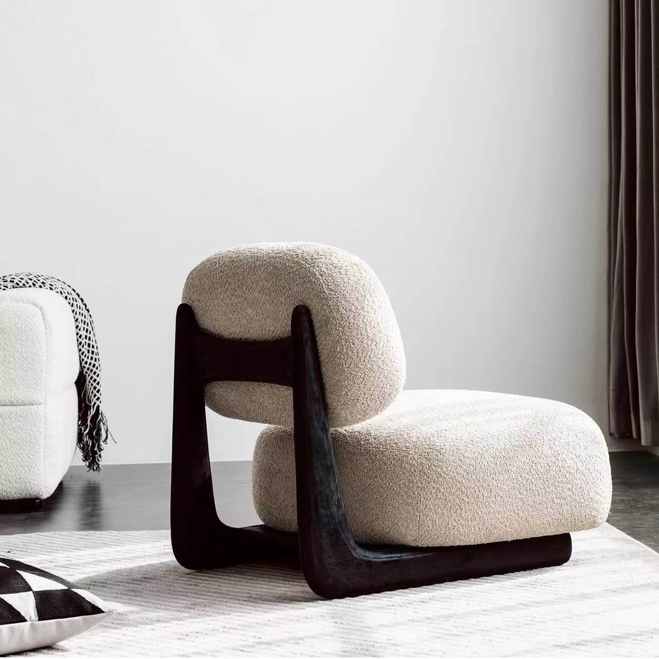 Modern Light Tan Boucle Sherpa Lounge Accent Chair with Wood Base - Cozy Reading Nook & Living Room Decor