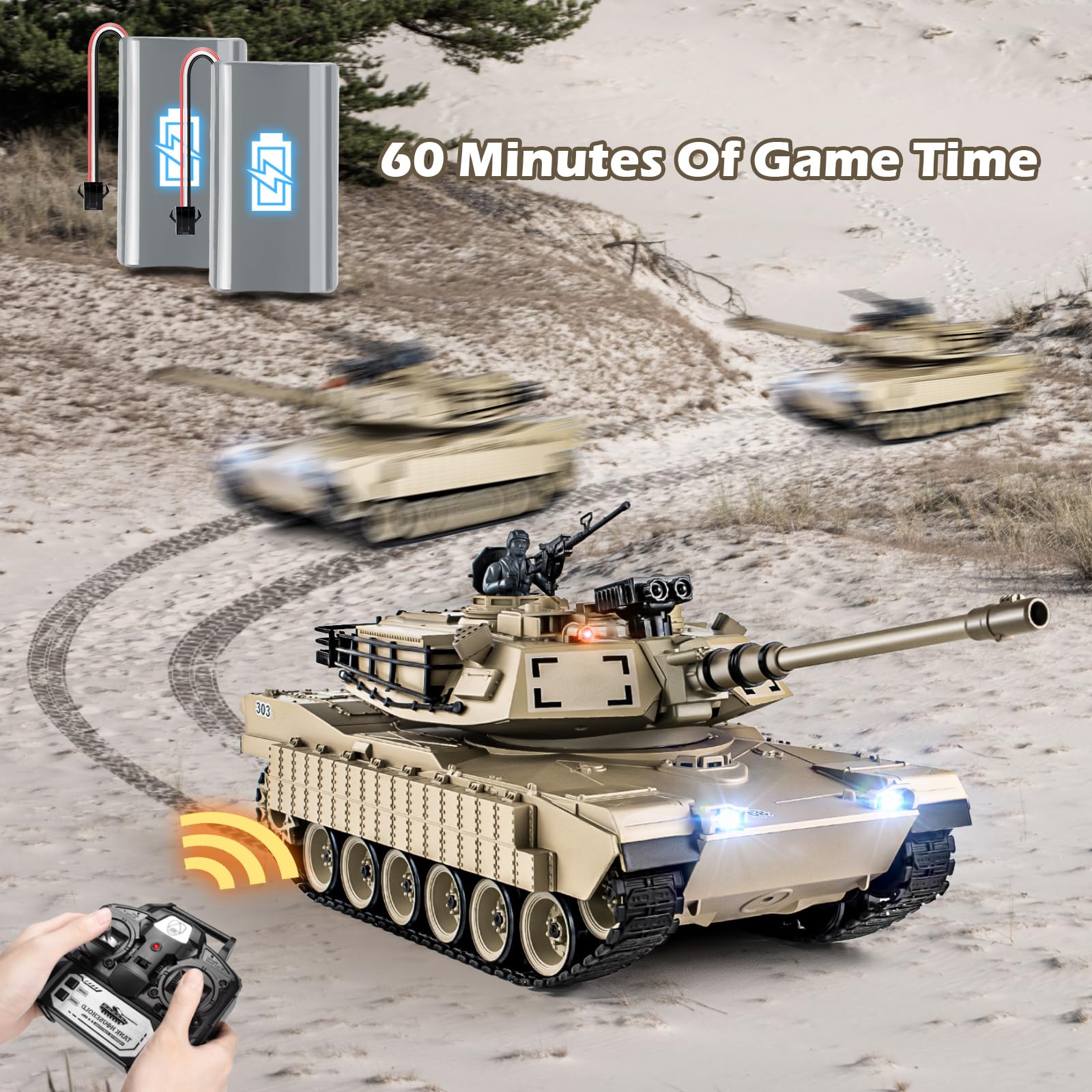 1:18 Scale M1A2 Abrams RC Tank - 2.4GHz Remote Control Military Vehicle with Smoke, Light & Sound Effects | 15-Channel Battle Tank Shoots BBs & Water Bombs | Realistic Army Toy for Adults & Kids | Outdoor Play, Collectible Display & War Simulation