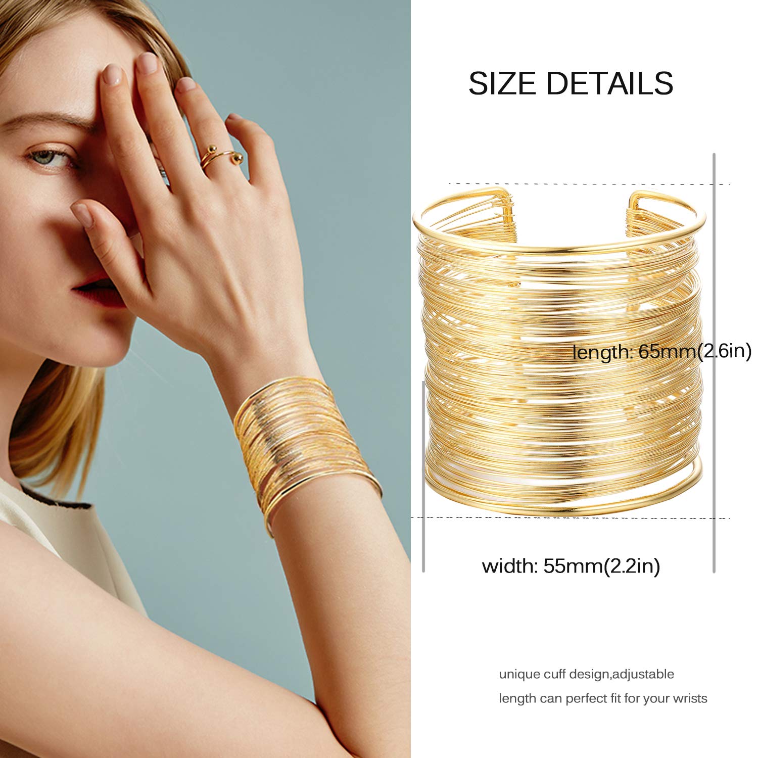 RIOSO 4 Pcs Gold Wire Cuff Bangle Bracelets for Women - Open Wide Wrap Wrist Cuff Bracelet Set - Perfect for Parties, Weddings & Everyday Fashion Accessories