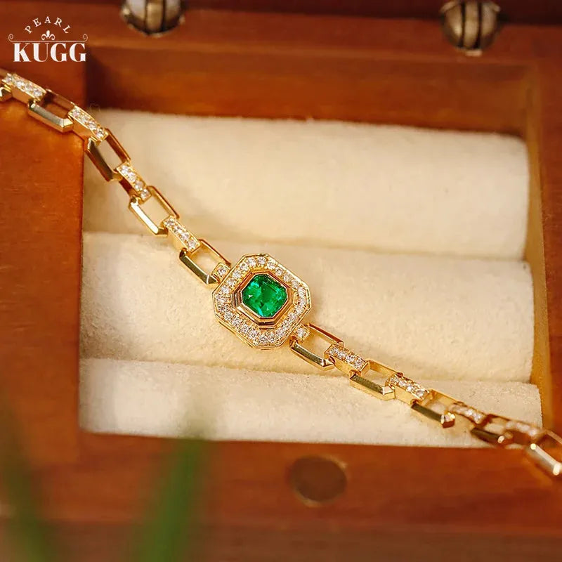 18K Yellow Gold Emerald and Diamond Bracelet for Women - Luxury Elegant Real Natural Gemstone Jewelry - Perfect for Wedding, Party, Anniversary and Special Occasions