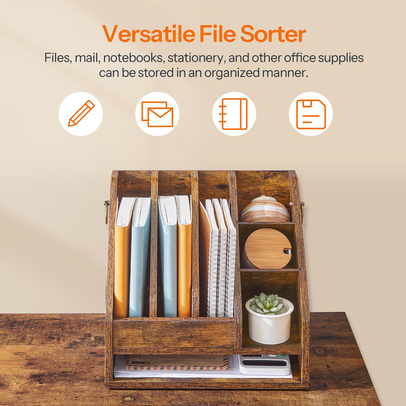 HOOBRO Wooden Mail Sorter with 3 Vertical File Holders & Bottom Tray - Rustic Brown Desktop Organizer for Folders, Letters, Office Supplies | Perfect for Home Office, Workspace & Mail Organization (FG33WF01)