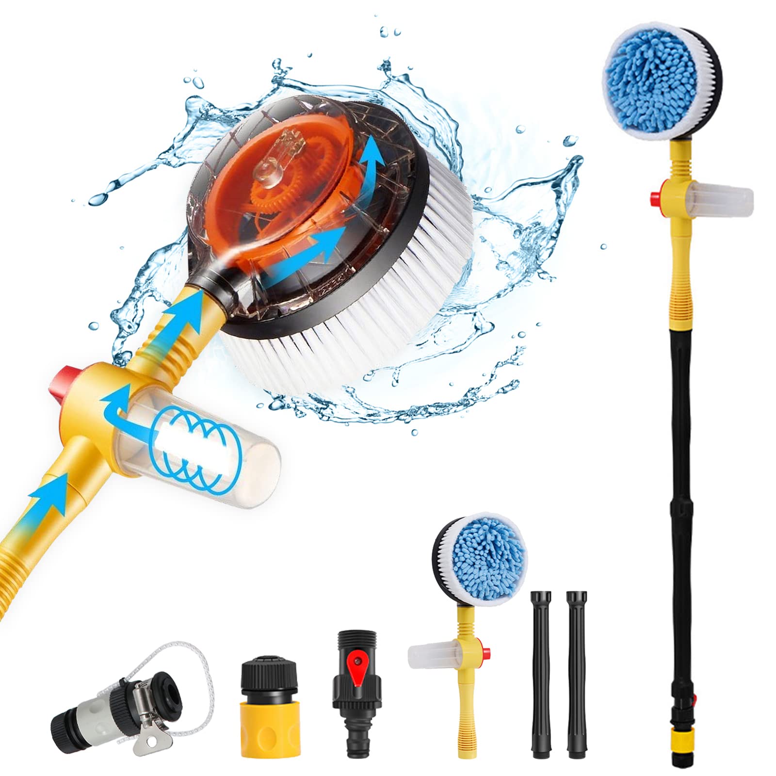 360 Spin Car Wash Brush with Soap Dispenser & Hose Attachment - Soft Bristle Cleaning Brush Mop for Cars, Trucks, SUVs - Long Handle Flow Through Wash Kit (Yellow) - Perfect for Driveway Washing & Auto Detailing