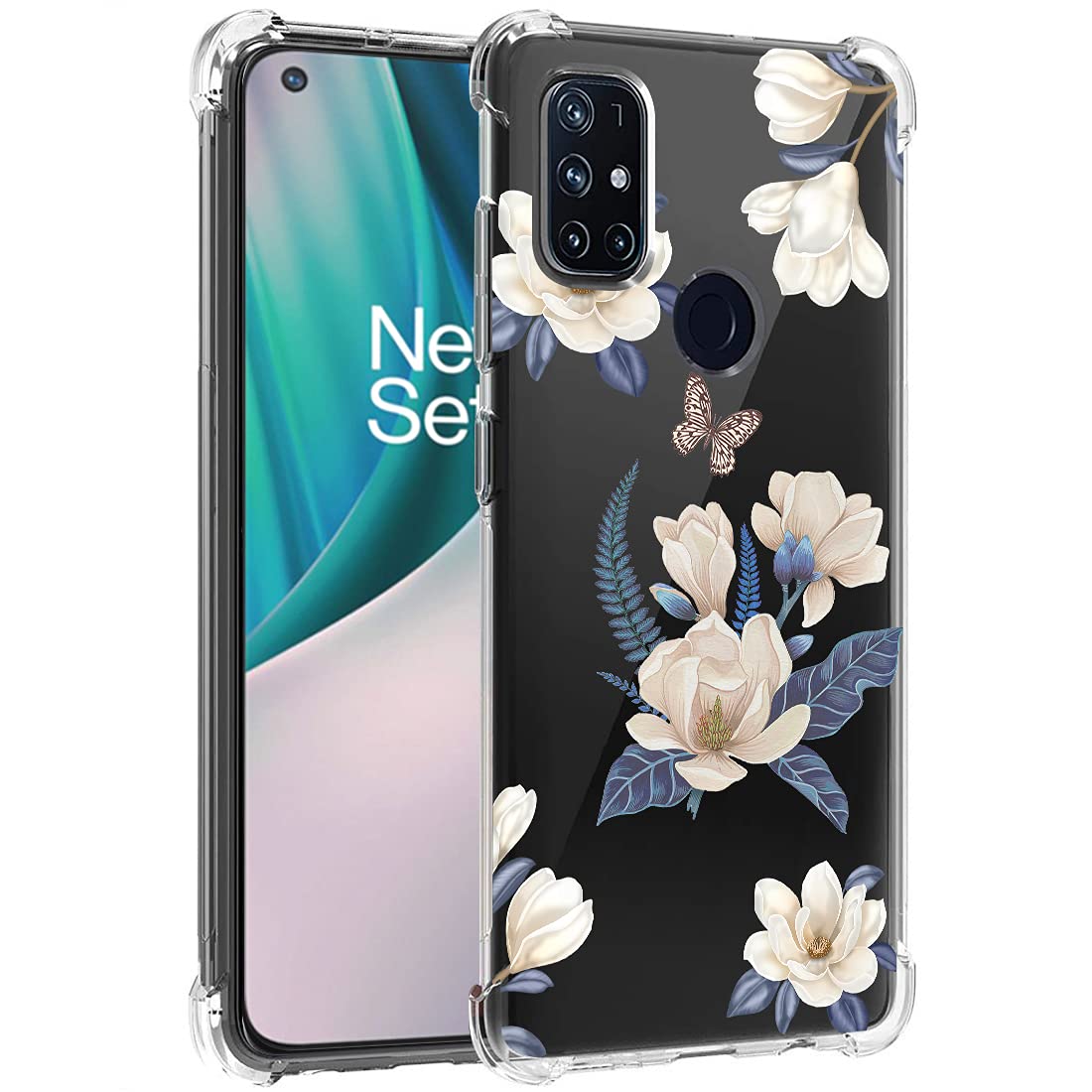 OnePlus Nord N10 5G Case - Slim Clear Shockproof TPU Rubber Protective Cover with Floral Design for Women | Perfect for Everyday Use, Work & Travel (White Flower)
