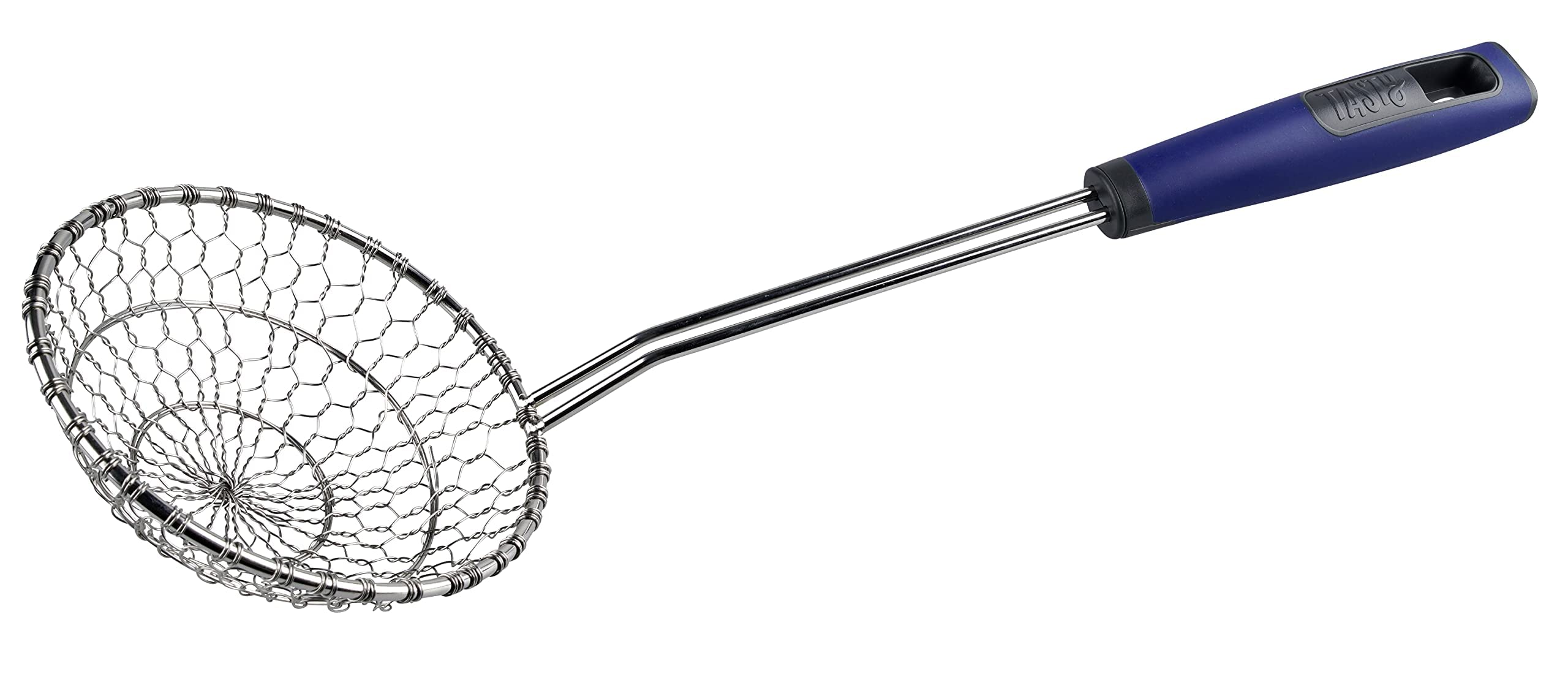 Premium Stainless Steel Spider Strainer Skimmer - Fine Mesh Kitchen Oil Strainer for Frying, Cooking & Deep Frying - Soft-Touch Handle with Dark Blue & Silver Finish - Perfect for Asian Stir Fry, Tempura, Donuts & French Fries