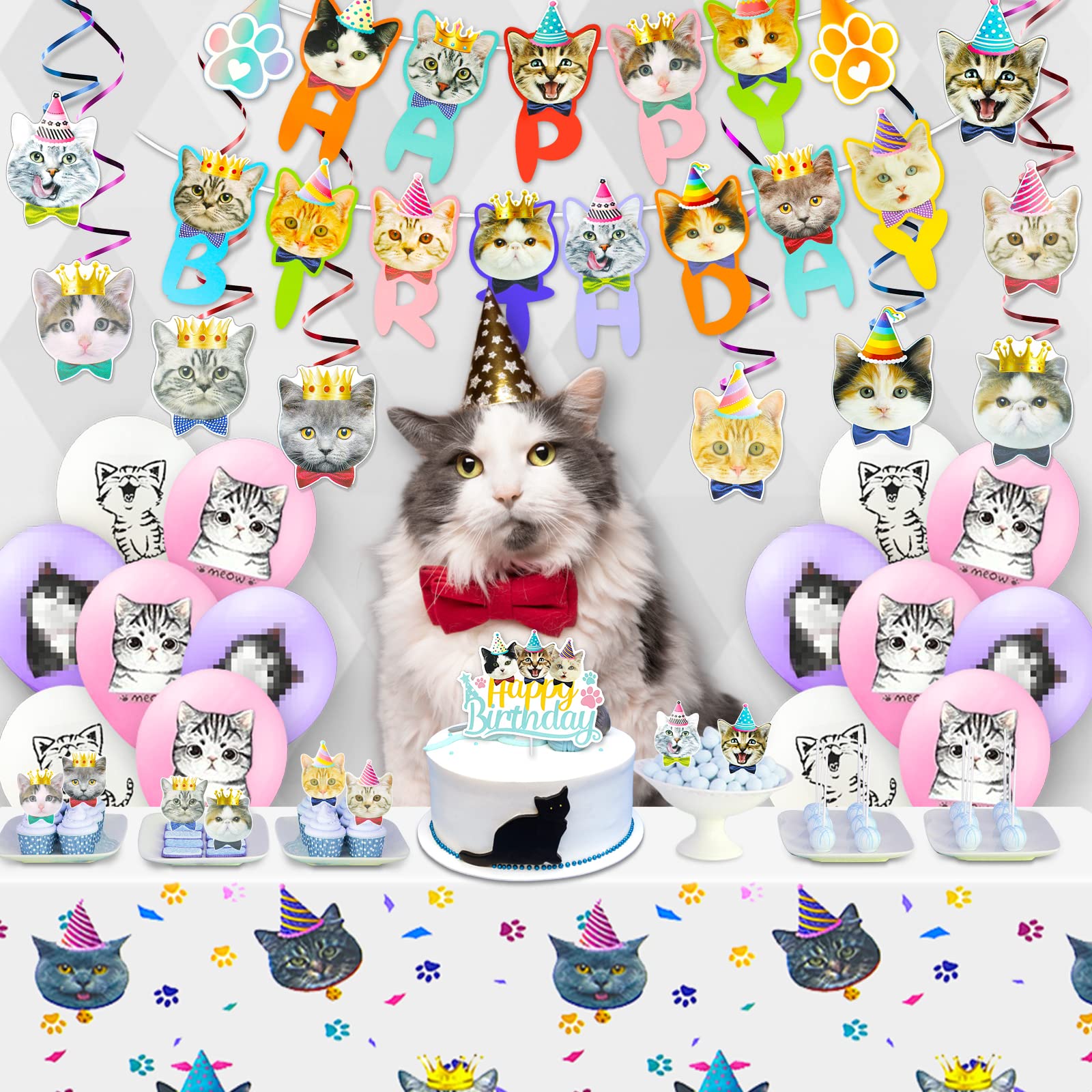 Cat Birthday Party Decorations Set - Includes Backdrop, Banner, Hanging Swirls, Cake Topper & Tablecloth for Kitten Themed Celebrations | Perfect for Girl's Birthday, Kitty Shower & Pet Lover Events