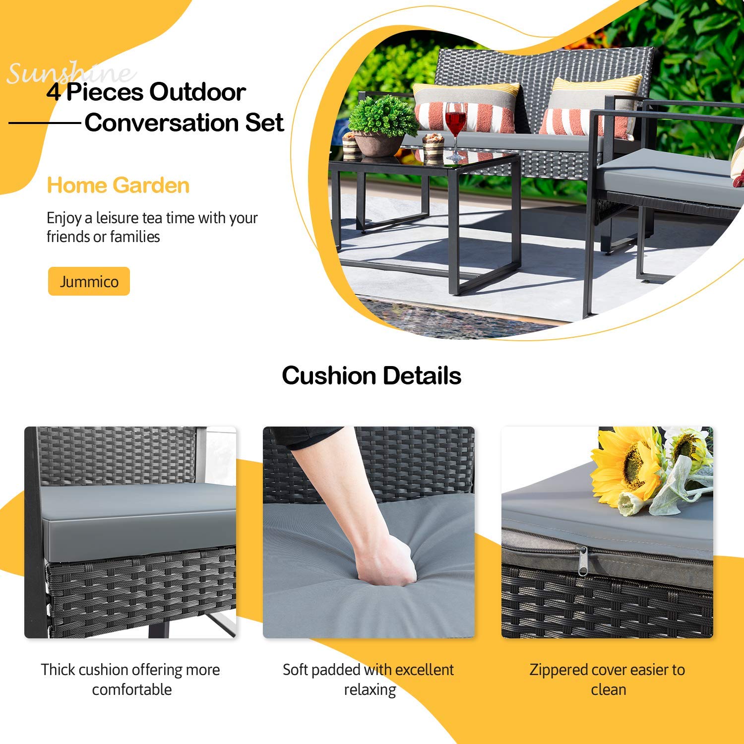 **JUMMICO 4-Piece Outdoor Patio Set - Modern Rattan Chairs with Cushions & Metal Table - Bistro Conversation Set for Garden, Balcony, Poolside (Grey) - Perfect for Relaxing, Entertaining & Outdoor Dining**