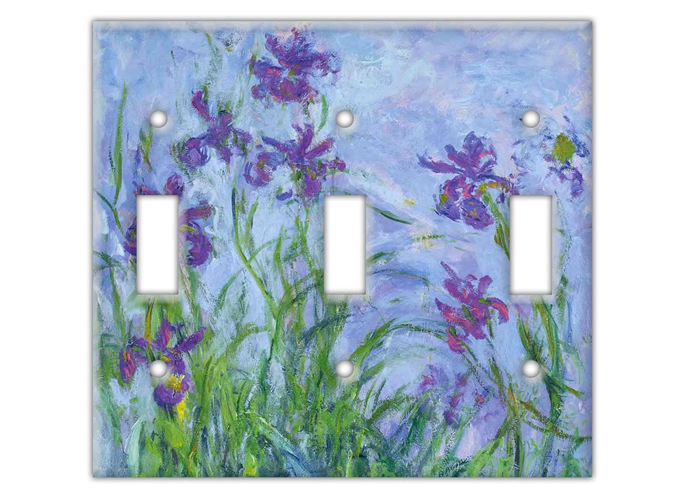 Claude Monet Iris Floral Wall Switch Plate Cover - Triple Toggle Decorative Outlet Cover with Botanical Painting in Blue Green Tones - Perfect for Living Room, Bedroom & Home Decor Upgrade