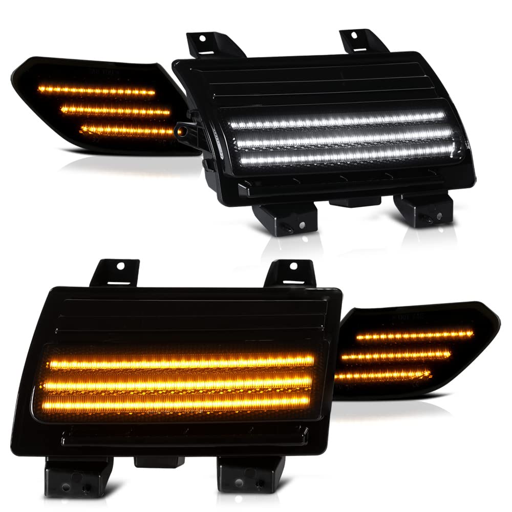 VIPMOTOZ Sequential Full LED Switchback Smoked Tinted Turn Signal Side Marker Lights for 2018-2023 Jeep Wrangler - Chrome Housing, Clear Lens, Amber+White Lamps (4PC Set) - Upgrade Your Off-Road Lighting for Enhanced Visibility & Style