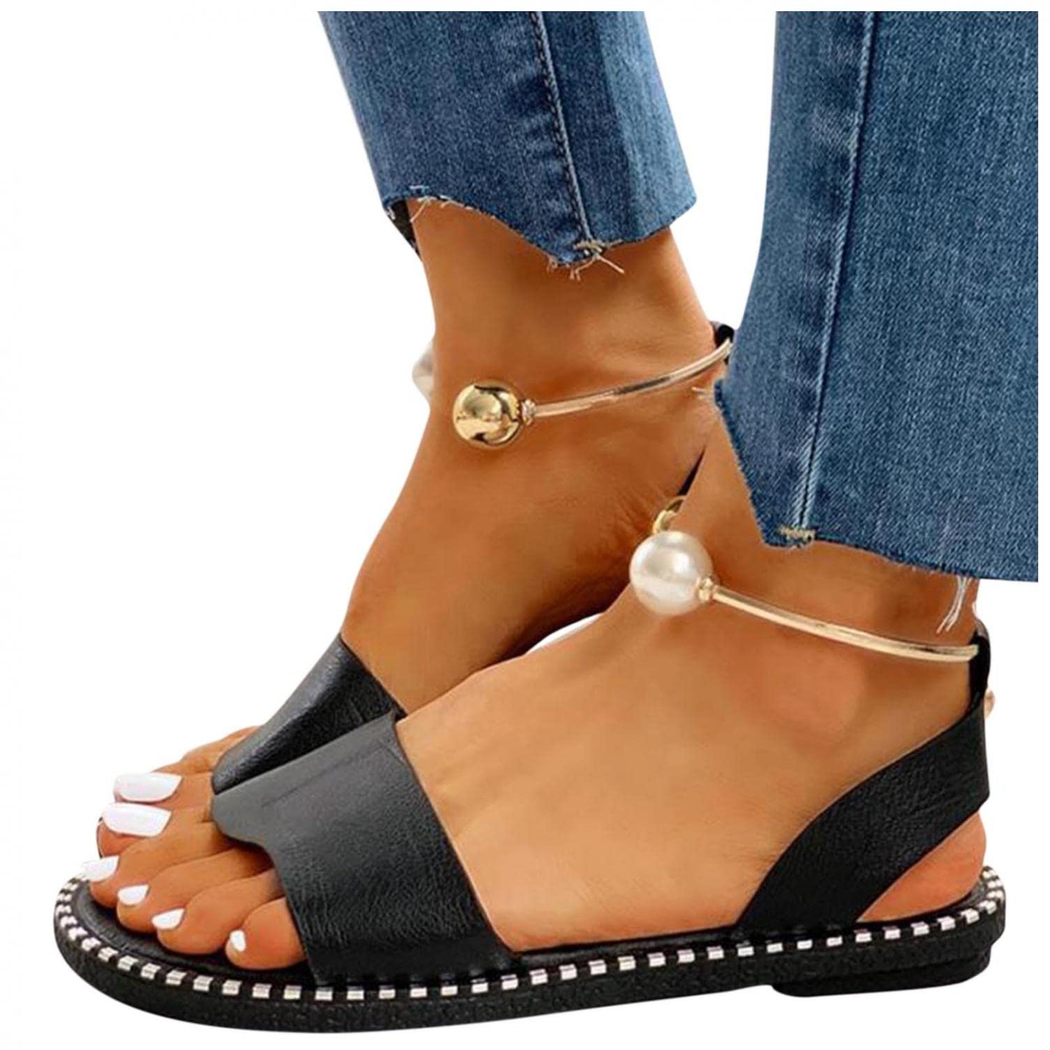 MakeYouChic Women's Bohemian Pearl Ankle Strap Sandals - Casual Open Toe Flats for Beach, Vacation & Summer Outfits | Fashionable Comfort for Walking & Outdoor Activities