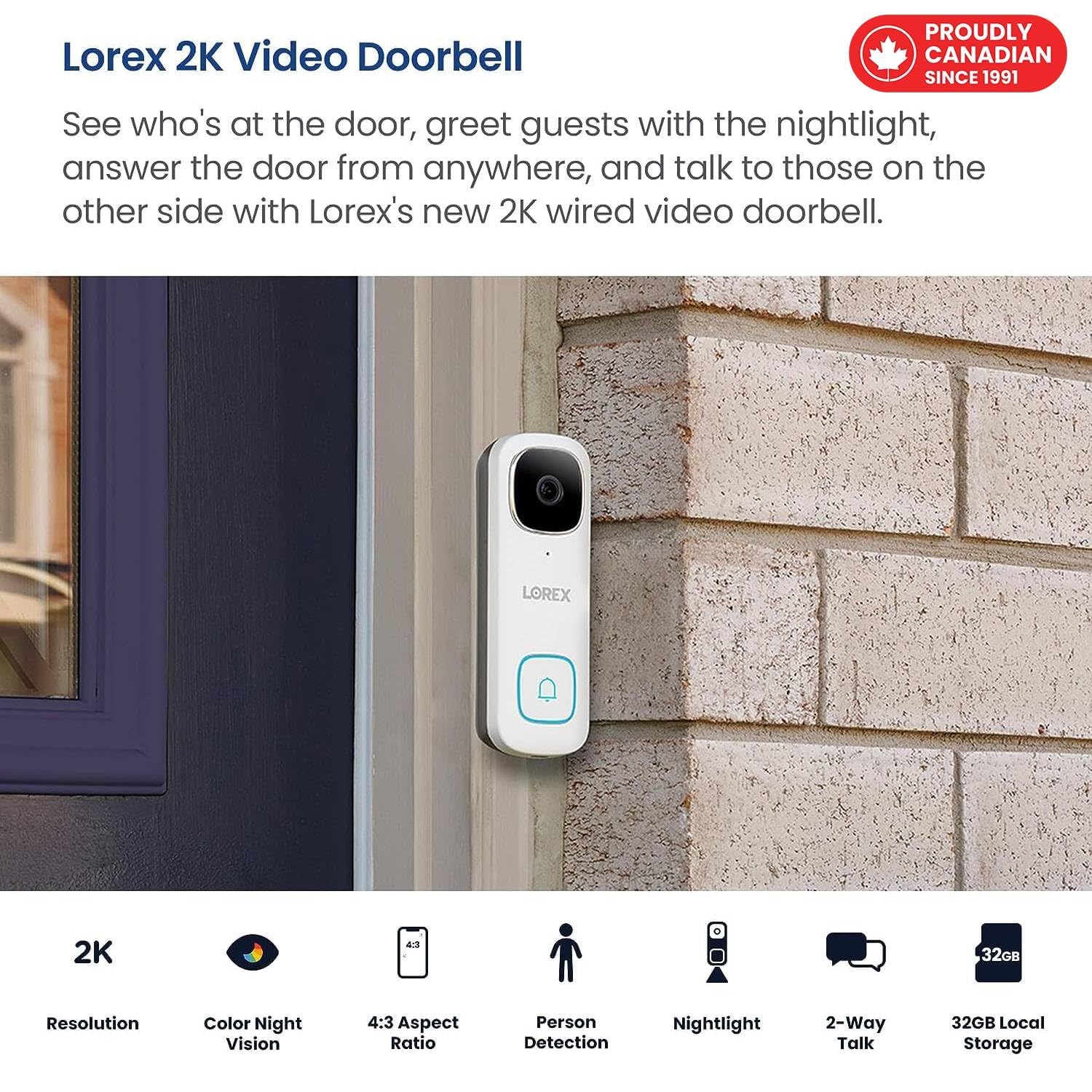 Lorex 2K WiFi Video Doorbell - Wired Outdoor Security Camera with Night Vision & Motion Detection - Compatible with 16-24VAC Doorbell Wiring (White) - Perfect for Home Surveillance, Front Door Protection & Smart Home Security
