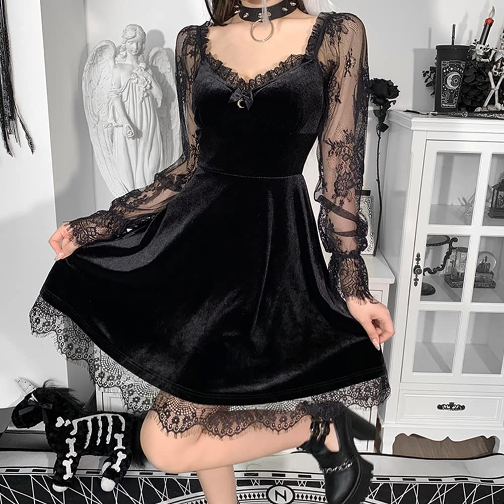 IDOPIP Gothic Lolita Floral Lace Long Sleeve Velvet Dress for Women - Elegant Black Suede Ruched Party Gown | Perfect for Wedding Guest, Evening Events & Gothic Fashion