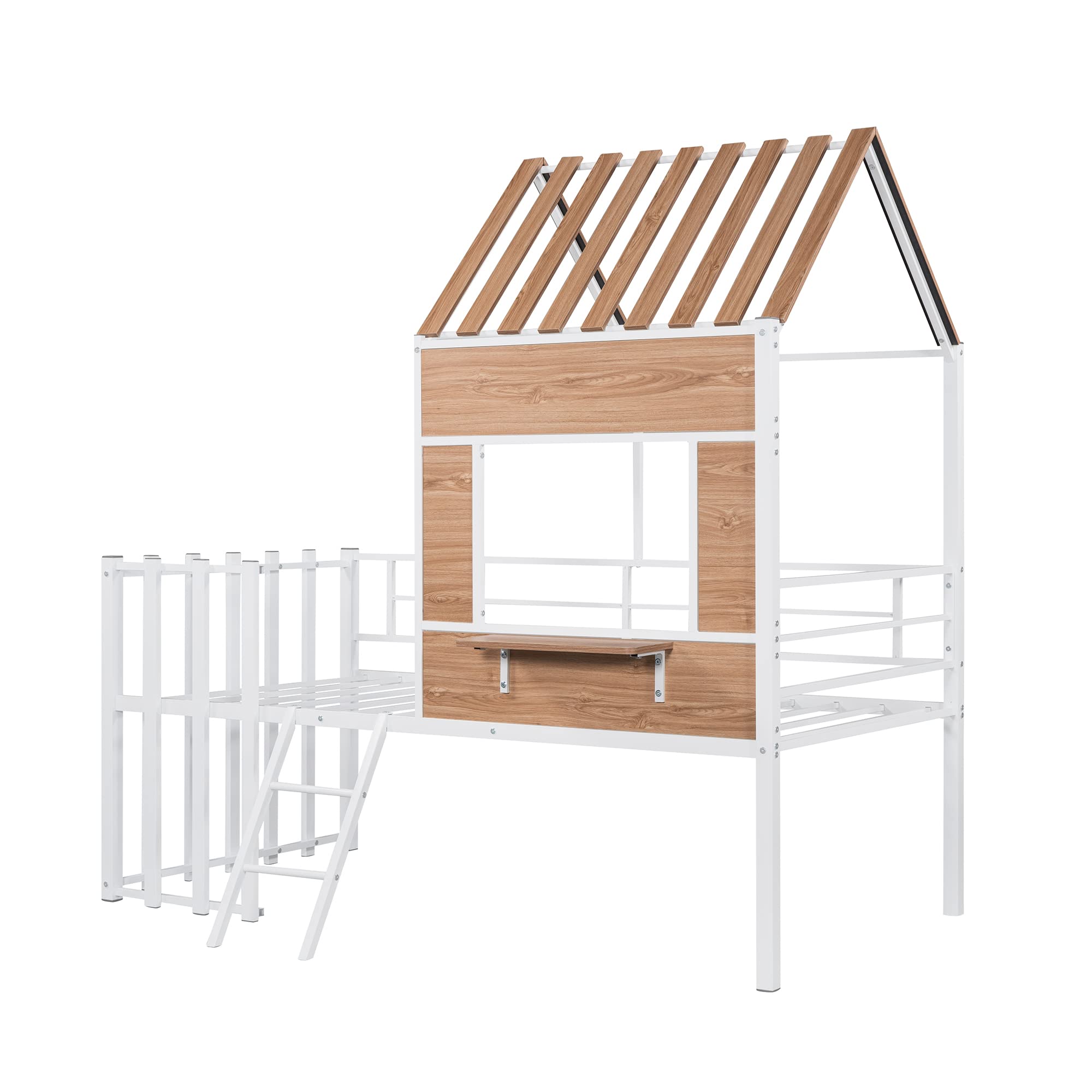 **Merax Twin Size Metal Loft Bed for Kids - Sturdy Low Loft Bed Frame with Roof, Window, Guardrail & Ladder - Perfect for Small Bedrooms, Playrooms & Dorm Rooms**