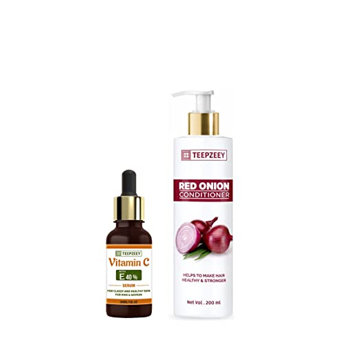 TEEPZEEY Vitamin C Face Serum for Glowing & Brightening Skin (30ml) & Red Onion Hair Conditioner for Hair Growth & Fall Control (200ml) - Daily Skincare & Hair Care Routine for Women & Men